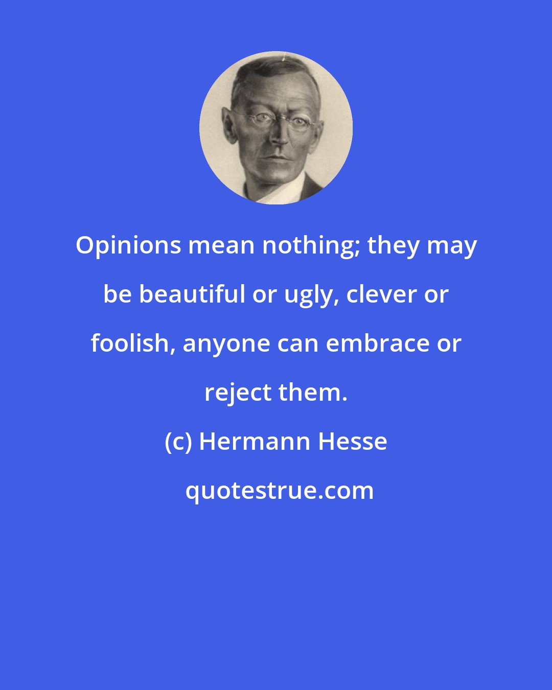 Hermann Hesse: Opinions mean nothing; they may be beautiful or ugly, clever or foolish, anyone can embrace or reject them.