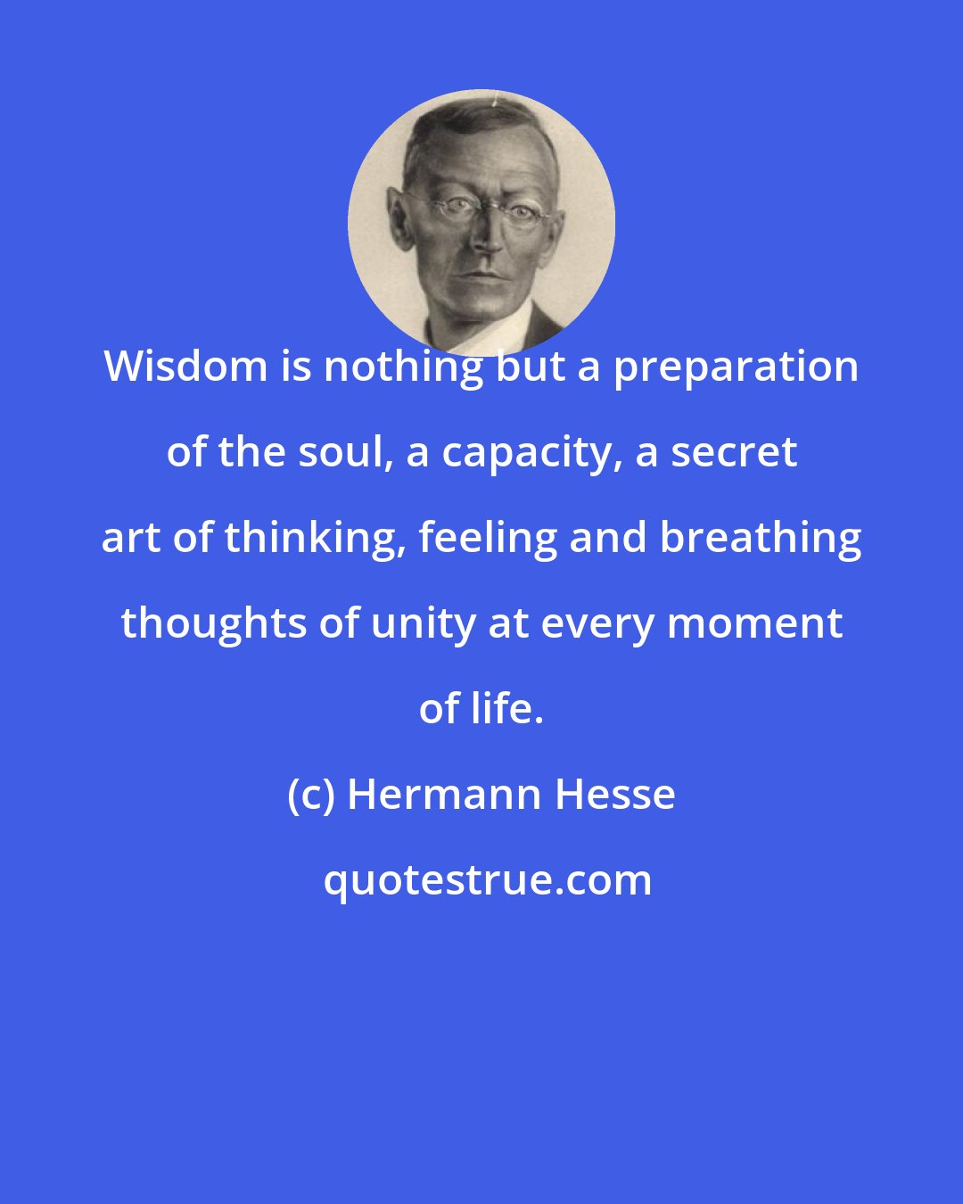 Hermann Hesse: Wisdom is nothing but a preparation of the soul, a capacity, a secret art of thinking, feeling and breathing thoughts of unity at every moment of life.