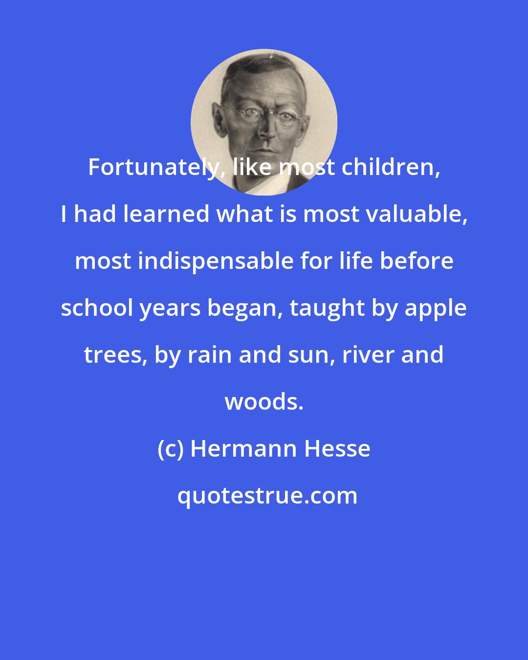 Hermann Hesse: Fortunately, like most children, I had learned what is most valuable, most indispensable for life before school years began, taught by apple trees, by rain and sun, river and woods.