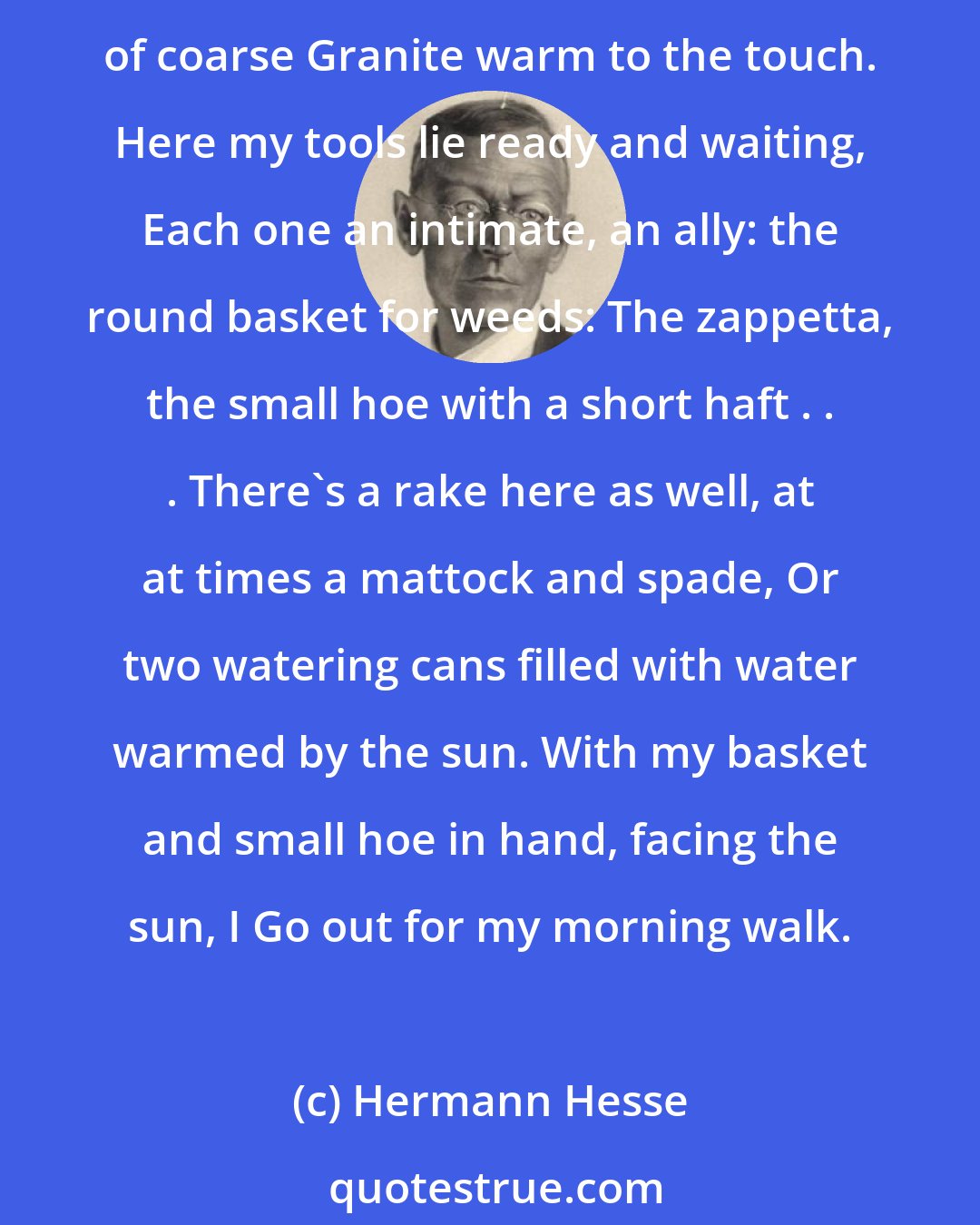 Hermann Hesse: Toward seven o'clock every morning, I leave my study and step Out on the bright terrace; the sun already burns resplendent Between the shadows of the fig tree, makes the low wall of coarse Granite warm to the touch. Here my tools lie ready and waiting, Each one an intimate, an ally: the round basket for weeds: The zappetta, the small hoe with a short haft . . . There's a rake here as well, at at times a mattock and spade, Or two watering cans filled with water warmed by the sun. With my basket and small hoe in hand, facing the sun, I Go out for my morning walk.