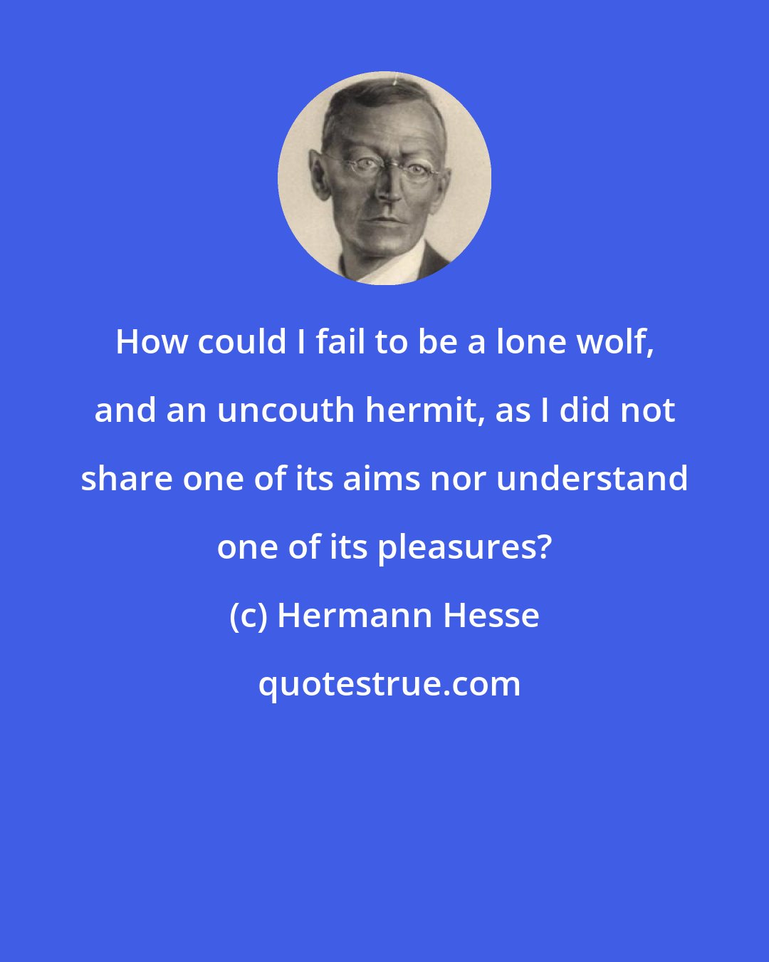 Hermann Hesse: How could I fail to be a lone wolf, and an uncouth hermit, as I did not share one of its aims nor understand one of its pleasures?