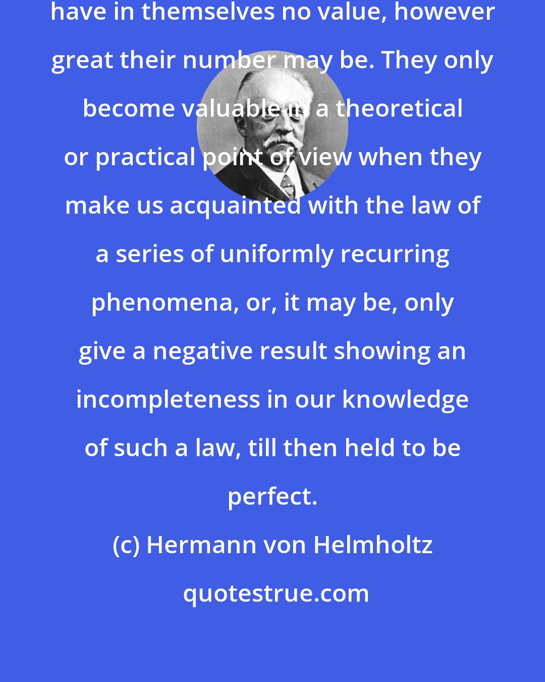 Hermann von Helmholtz: Isolated facts and experiments have in themselves no value, however great their number may be. They only become valuable in a theoretical or practical point of view when they make us acquainted with the law of a series of uniformly recurring phenomena, or, it may be, only give a negative result showing an incompleteness in our knowledge of such a law, till then held to be perfect.