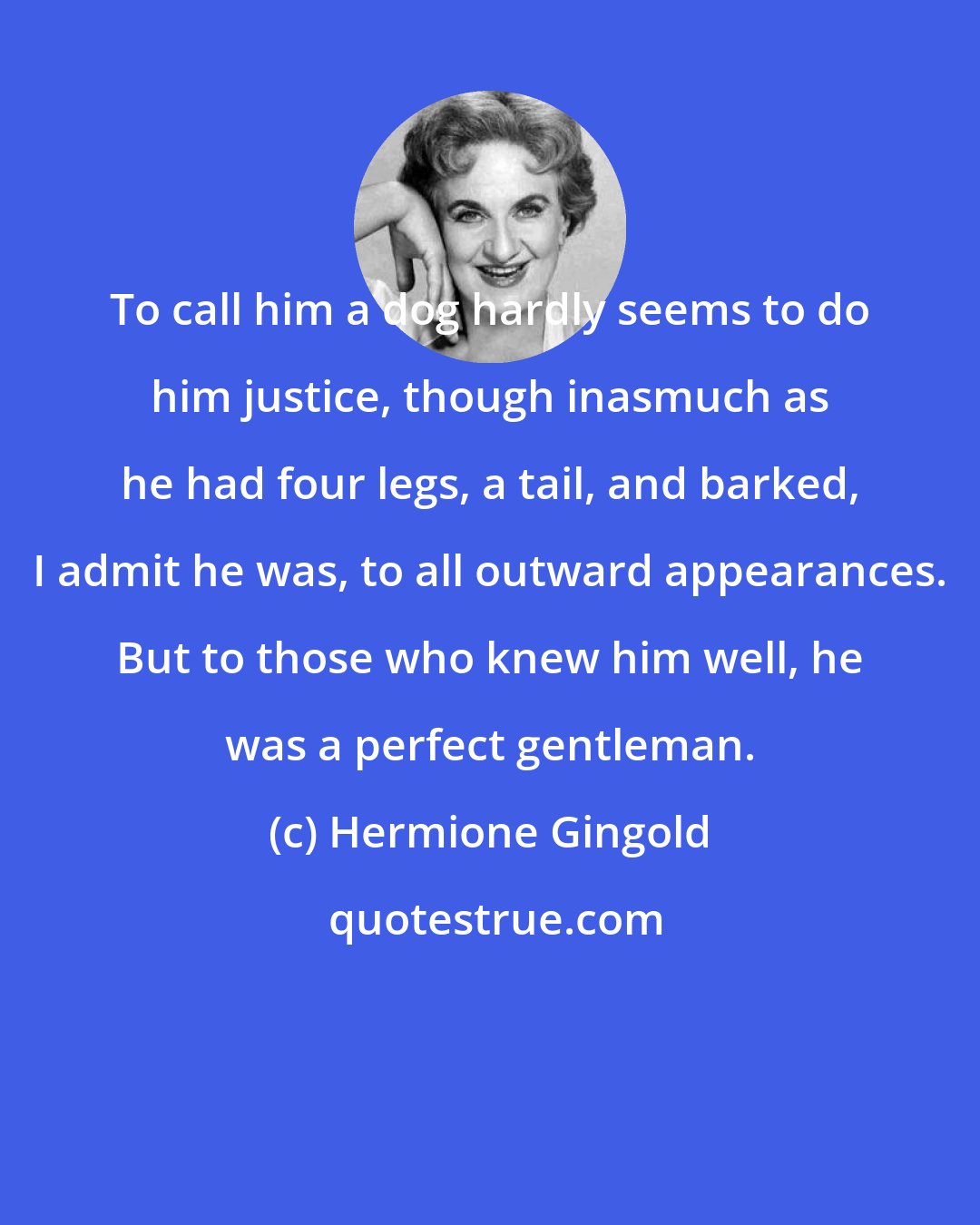 Hermione Gingold: To call him a dog hardly seems to do him justice, though inasmuch as he had four legs, a tail, and barked, I admit he was, to all outward appearances. But to those who knew him well, he was a perfect gentleman.