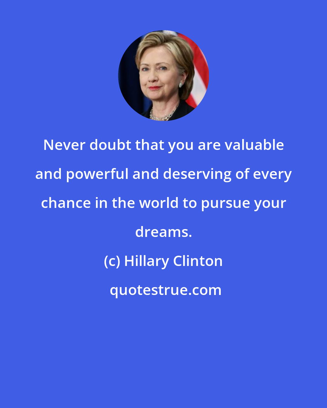 Hillary Clinton: Never doubt that you are valuable and powerful and deserving of every chance in the world to pursue your dreams.