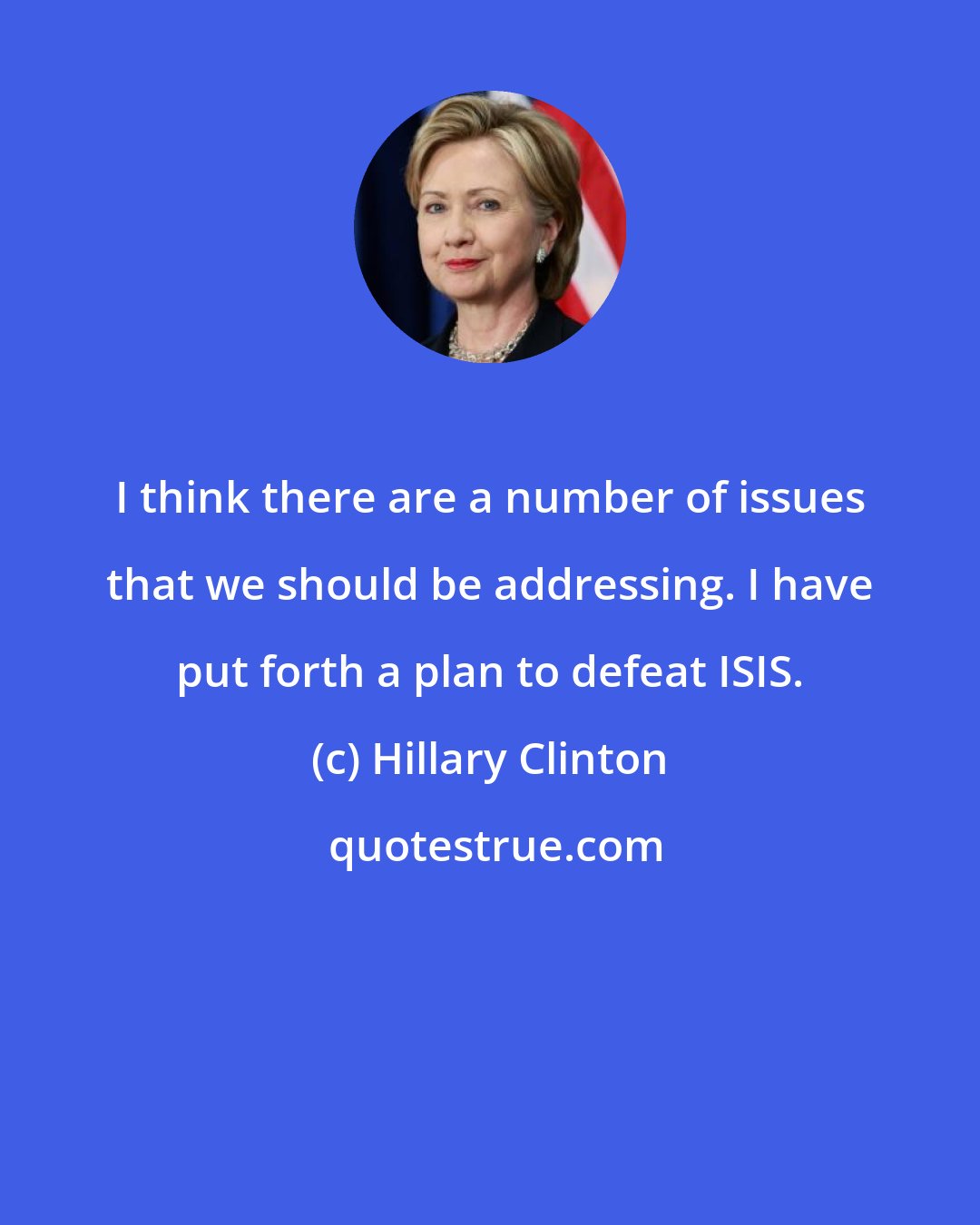 Hillary Clinton: I think there are a number of issues that we should be addressing. I have put forth a plan to defeat ISIS.