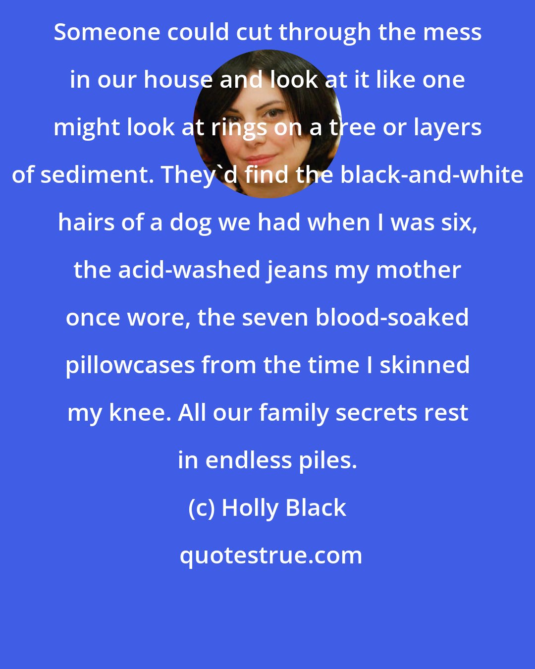Holly Black: Someone could cut through the mess in our house and look at it like one might look at rings on a tree or layers of sediment. They'd find the black-and-white hairs of a dog we had when I was six, the acid-washed jeans my mother once wore, the seven blood-soaked pillowcases from the time I skinned my knee. All our family secrets rest in endless piles.