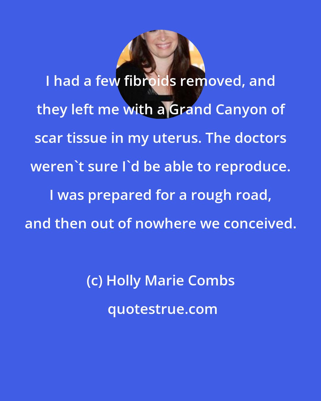 Holly Marie Combs: I had a few fibroids removed, and they left me with a Grand Canyon of scar tissue in my uterus. The doctors weren't sure I'd be able to reproduce. I was prepared for a rough road, and then out of nowhere we conceived.