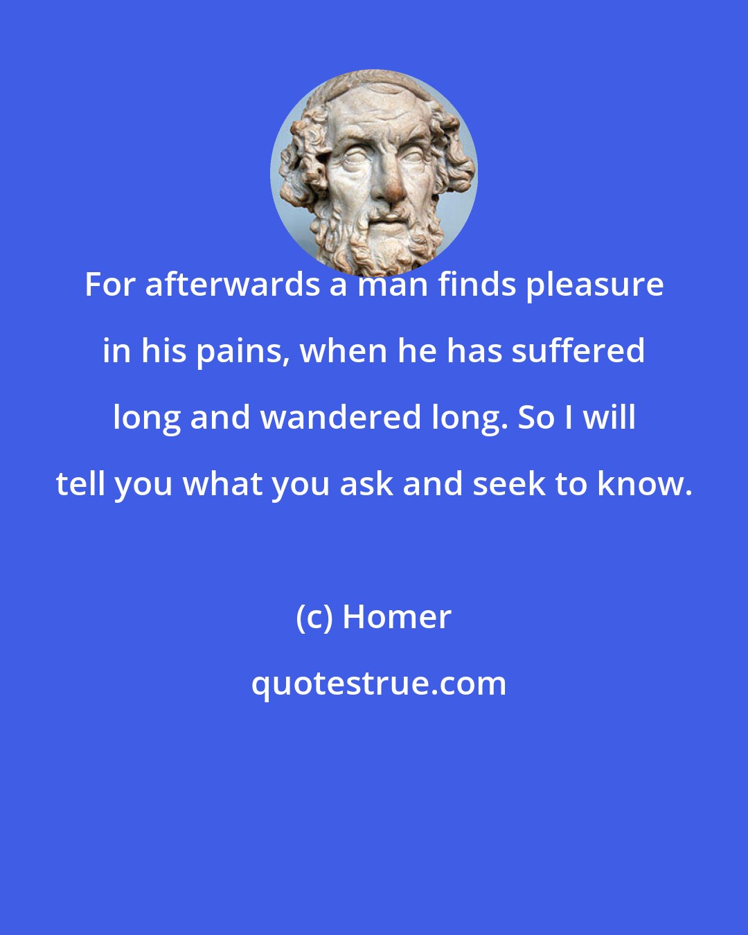 Homer: For afterwards a man finds pleasure in his pains, when he has suffered long and wandered long. So I will tell you what you ask and seek to know.