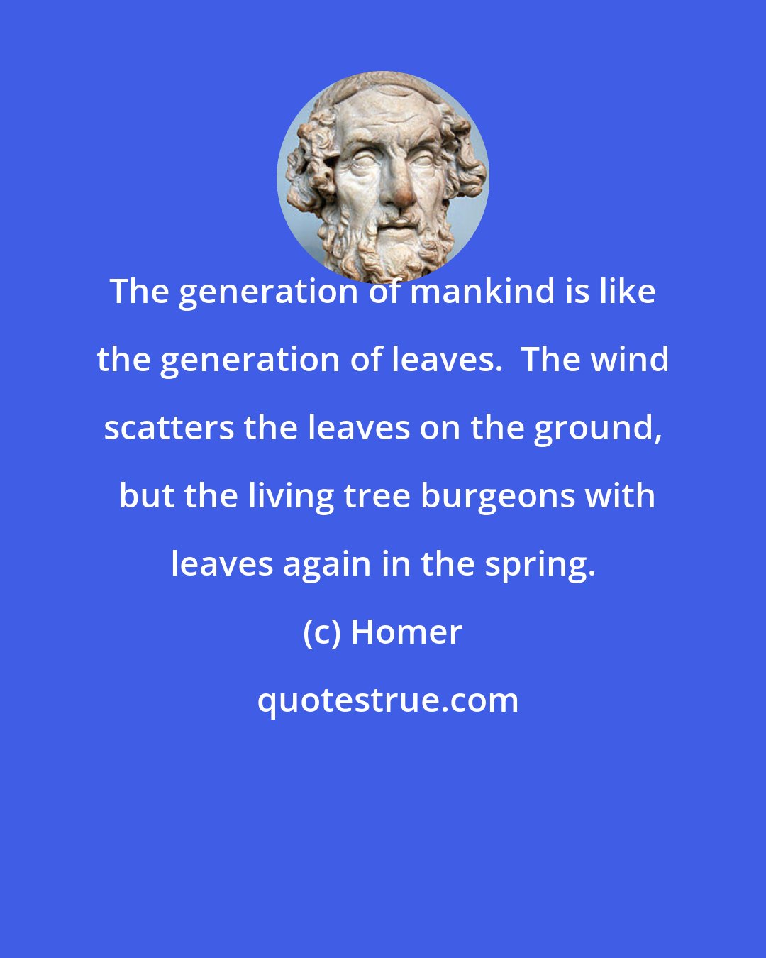 Homer: The generation of mankind is like the generation of leaves.  The wind scatters the leaves on the ground,  but the living tree burgeons with leaves again in the spring.