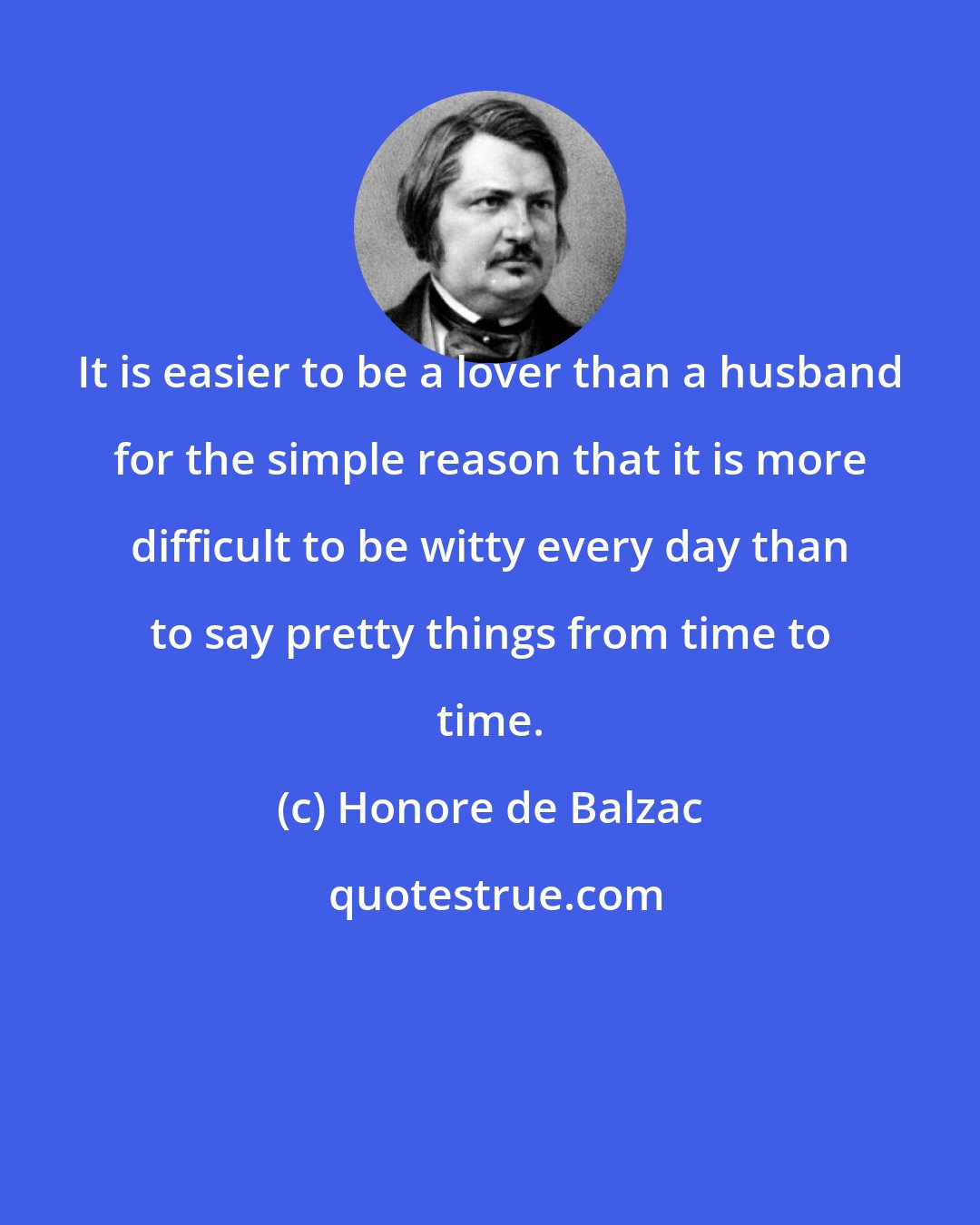 Honore de Balzac: It is easier to be a lover than a husband for the simple reason that it is more difficult to be witty every day than to say pretty things from time to time.