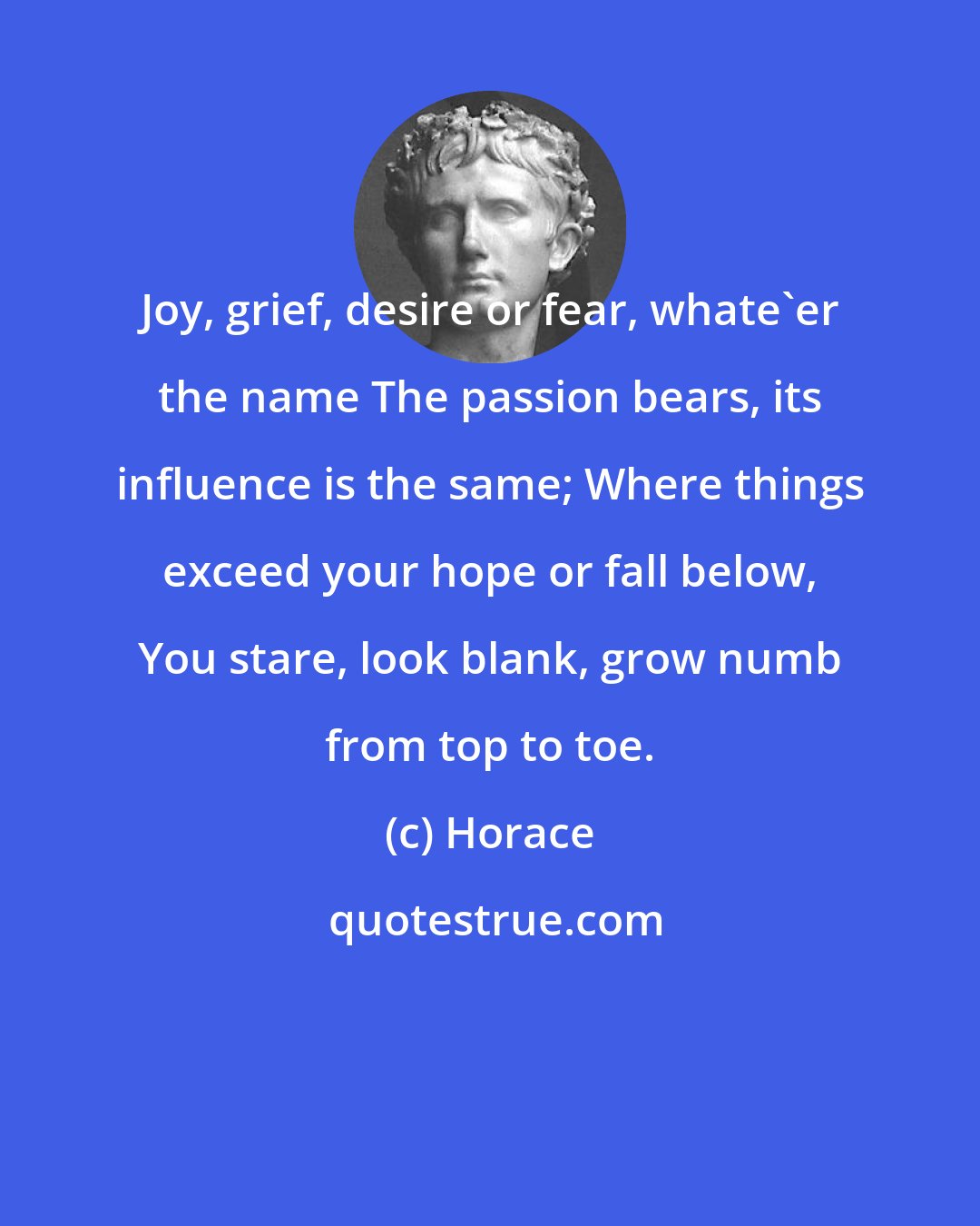 Horace: Joy, grief, desire or fear, whate'er the name The passion bears, its influence is the same; Where things exceed your hope or fall below, You stare, look blank, grow numb from top to toe.