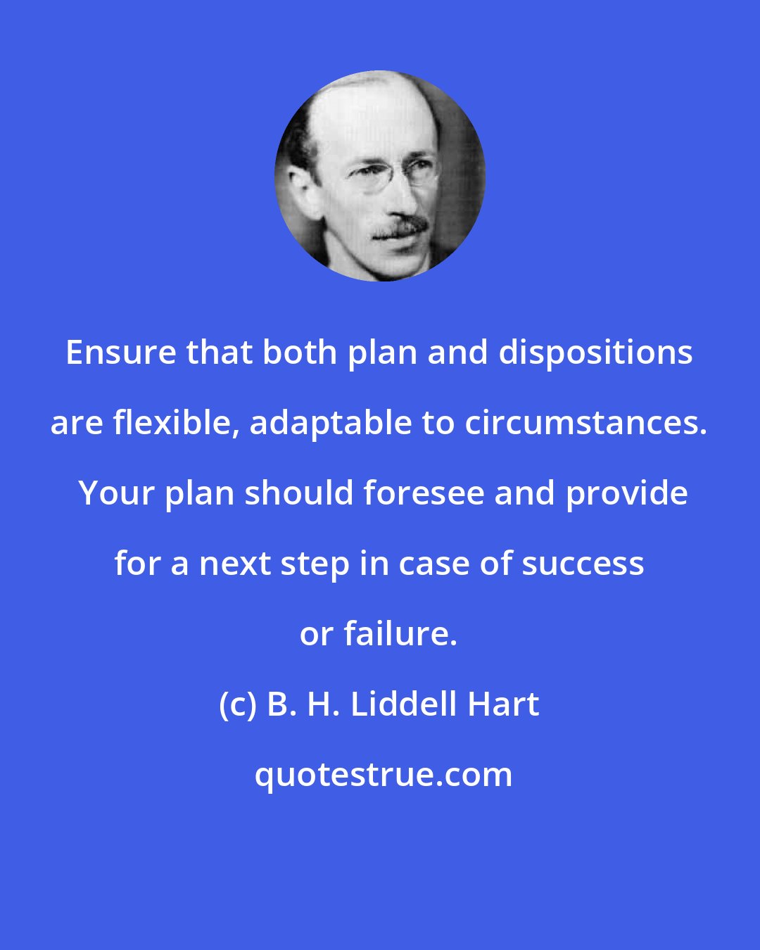 B. H. Liddell Hart: Ensure that both plan and dispositions are flexible, adaptable to circumstances.  Your plan should foresee and provide for a next step in case of success or failure.