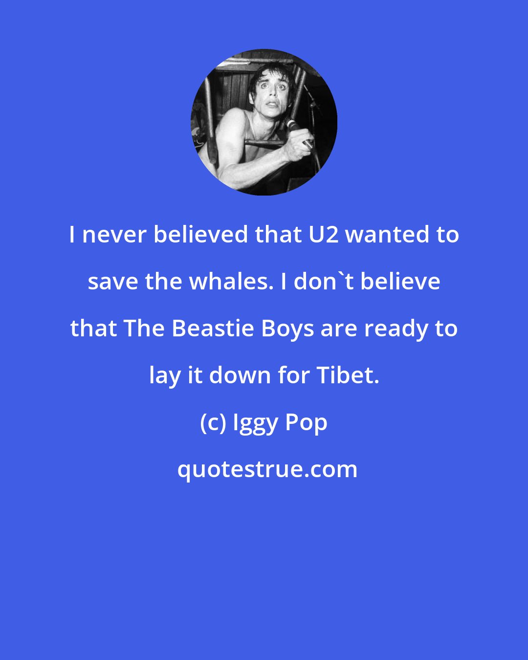 Iggy Pop: I never believed that U2 wanted to save the whales. I don't believe that The Beastie Boys are ready to lay it down for Tibet.