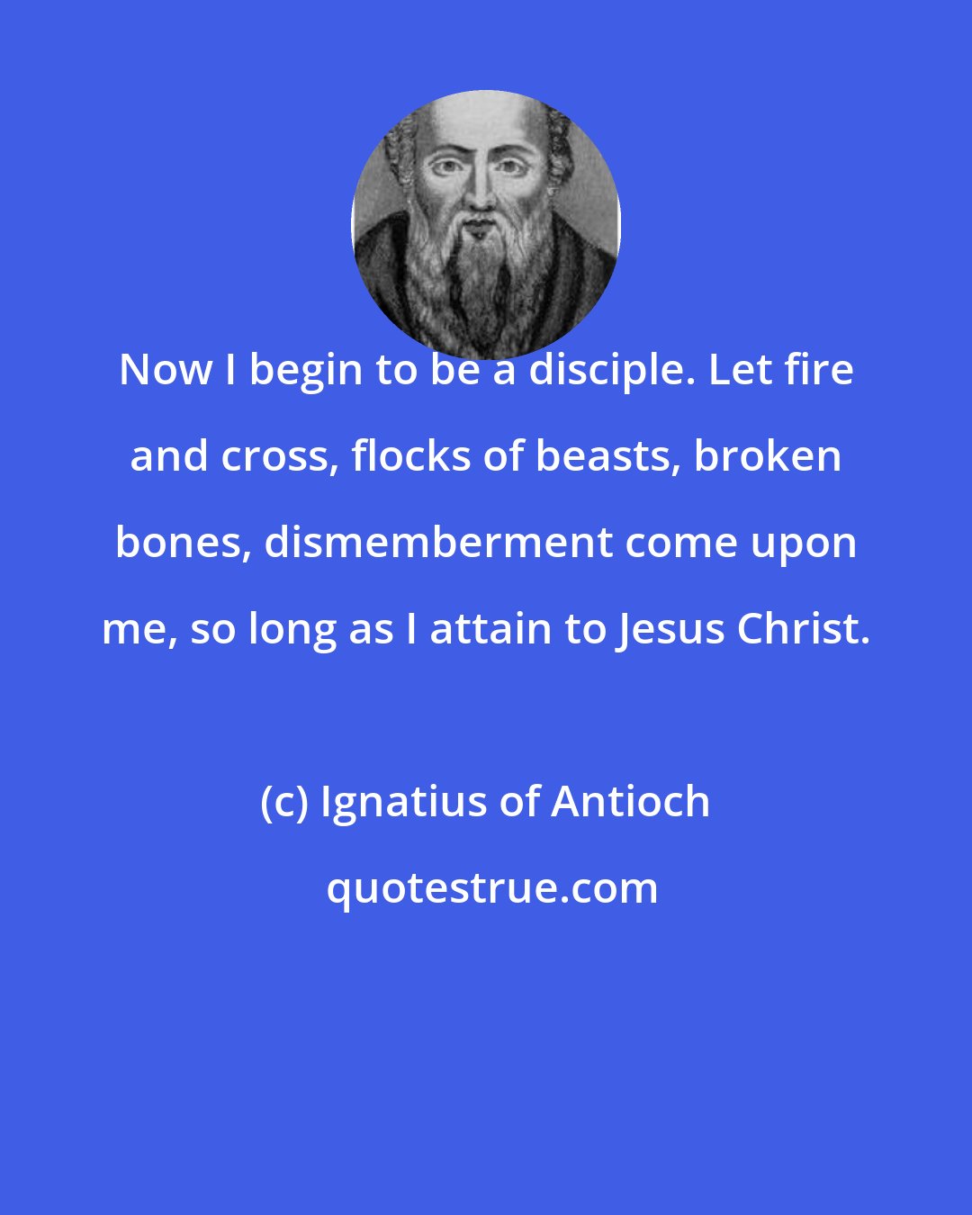 Ignatius of Antioch: Now I begin to be a disciple. Let fire and cross, flocks of beasts, broken bones, dismemberment come upon me, so long as I attain to Jesus Christ.