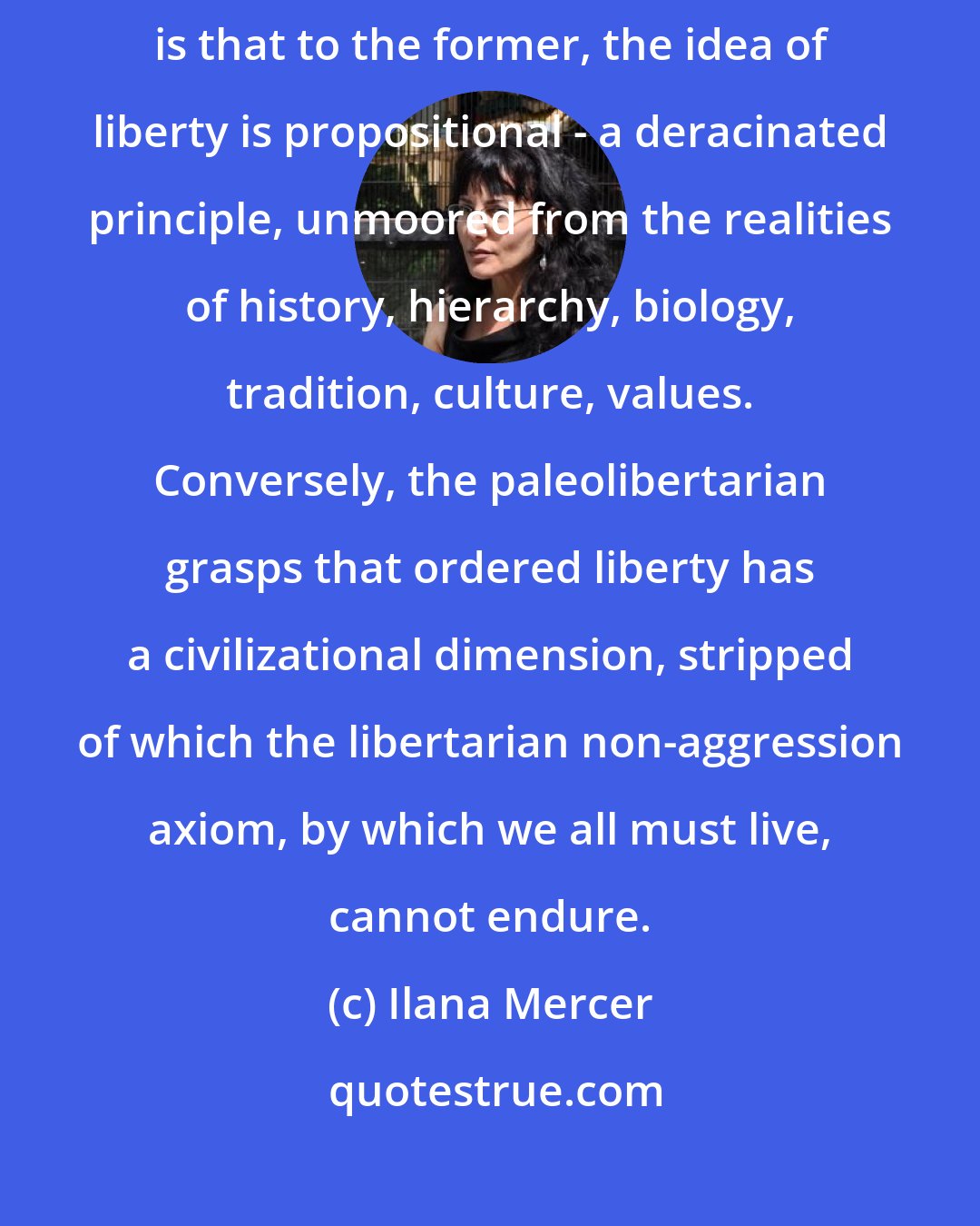 Ilana Mercer: A crucial difference between lite libertarians and the right kind is that to the former, the idea of liberty is propositional - a deracinated principle, unmoored from the realities of history, hierarchy, biology, tradition, culture, values. Conversely, the paleolibertarian grasps that ordered liberty has a civilizational dimension, stripped of which the libertarian non-aggression axiom, by which we all must live, cannot endure.