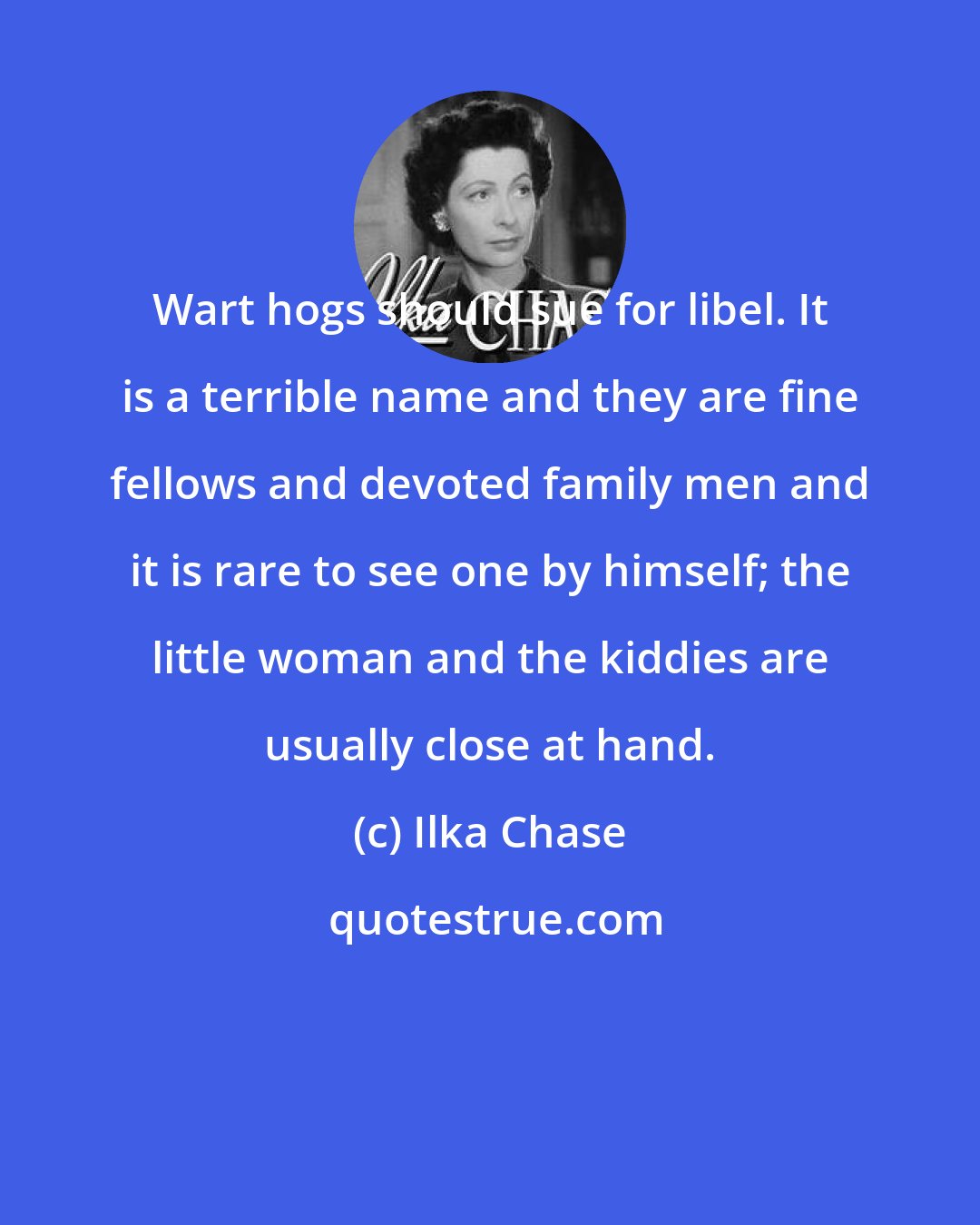 Ilka Chase: Wart hogs should sue for libel. It is a terrible name and they are fine fellows and devoted family men and it is rare to see one by himself; the little woman and the kiddies are usually close at hand.