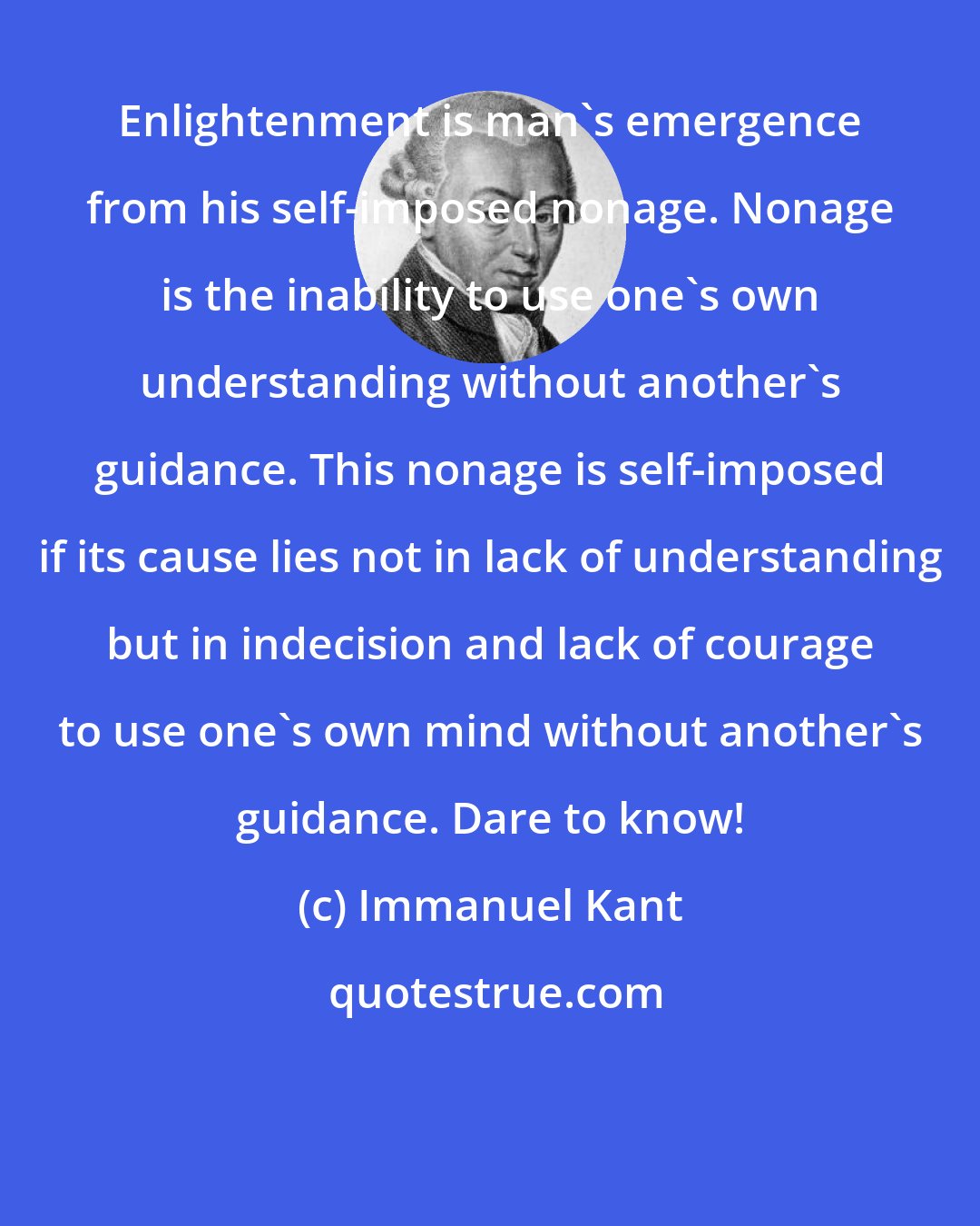 Immanuel Kant: Enlightenment is man's emergence from his self-imposed nonage. Nonage is the inability to use one's own understanding without another's guidance. This nonage is self-imposed if its cause lies not in lack of understanding but in indecision and lack of courage to use one's own mind without another's guidance. Dare to know!