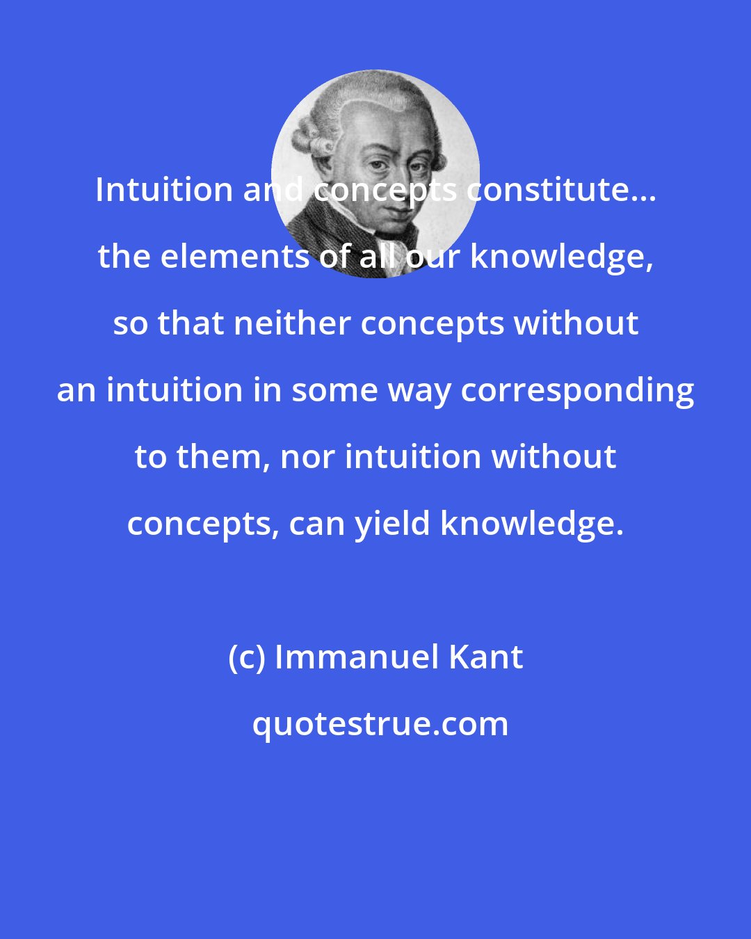 Immanuel Kant: Intuition and concepts constitute... the elements of all our knowledge, so that neither concepts without an intuition in some way corresponding to them, nor intuition without concepts, can yield knowledge.