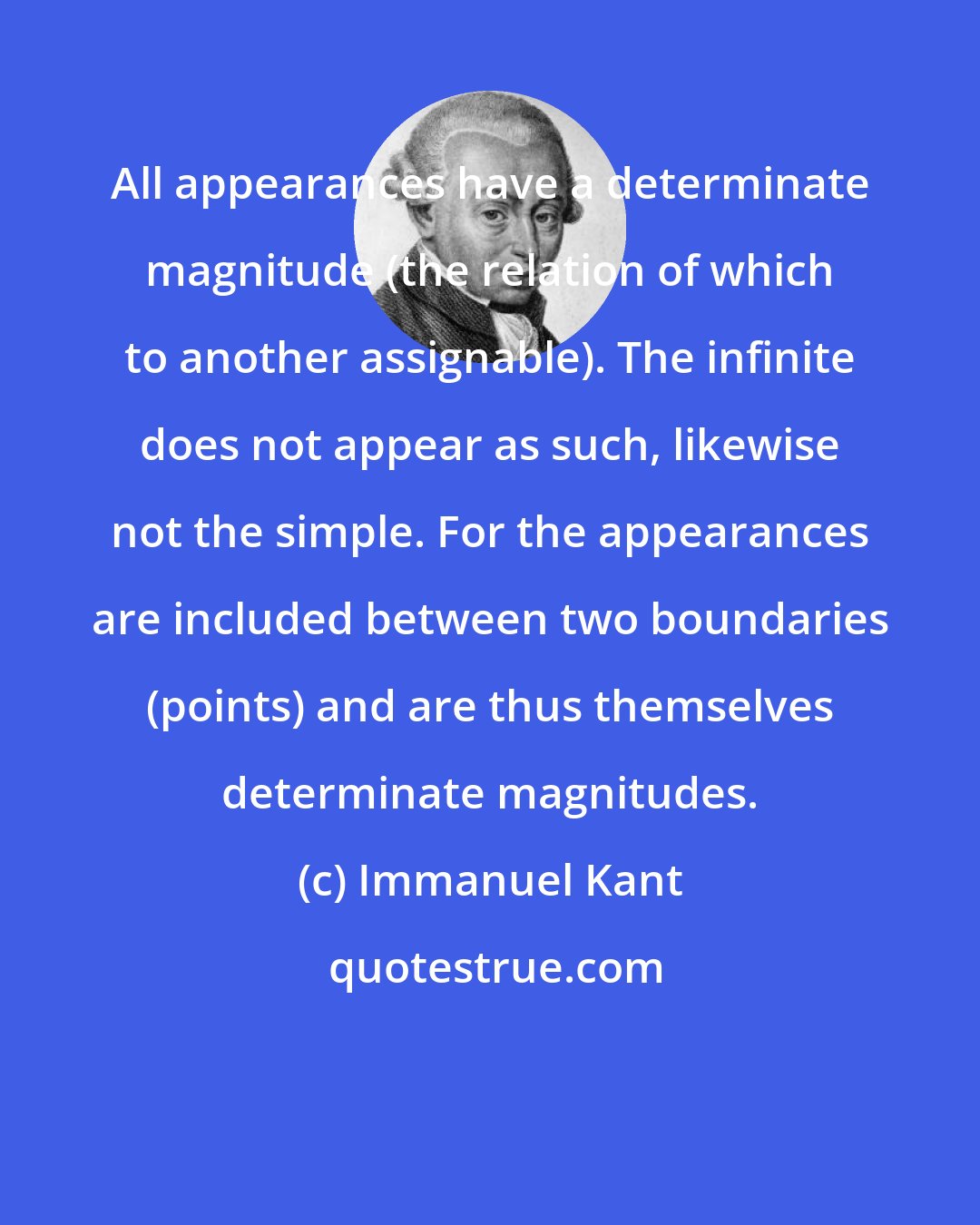 Immanuel Kant: All appearances have a determinate magnitude (the relation of which to another assignable). The infinite does not appear as such, likewise not the simple. For the appearances are included between two boundaries (points) and are thus themselves determinate magnitudes.