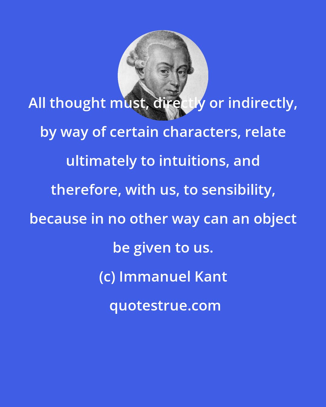 Immanuel Kant: All thought must, directly or indirectly, by way of certain characters, relate ultimately to intuitions, and therefore, with us, to sensibility, because in no other way can an object be given to us.