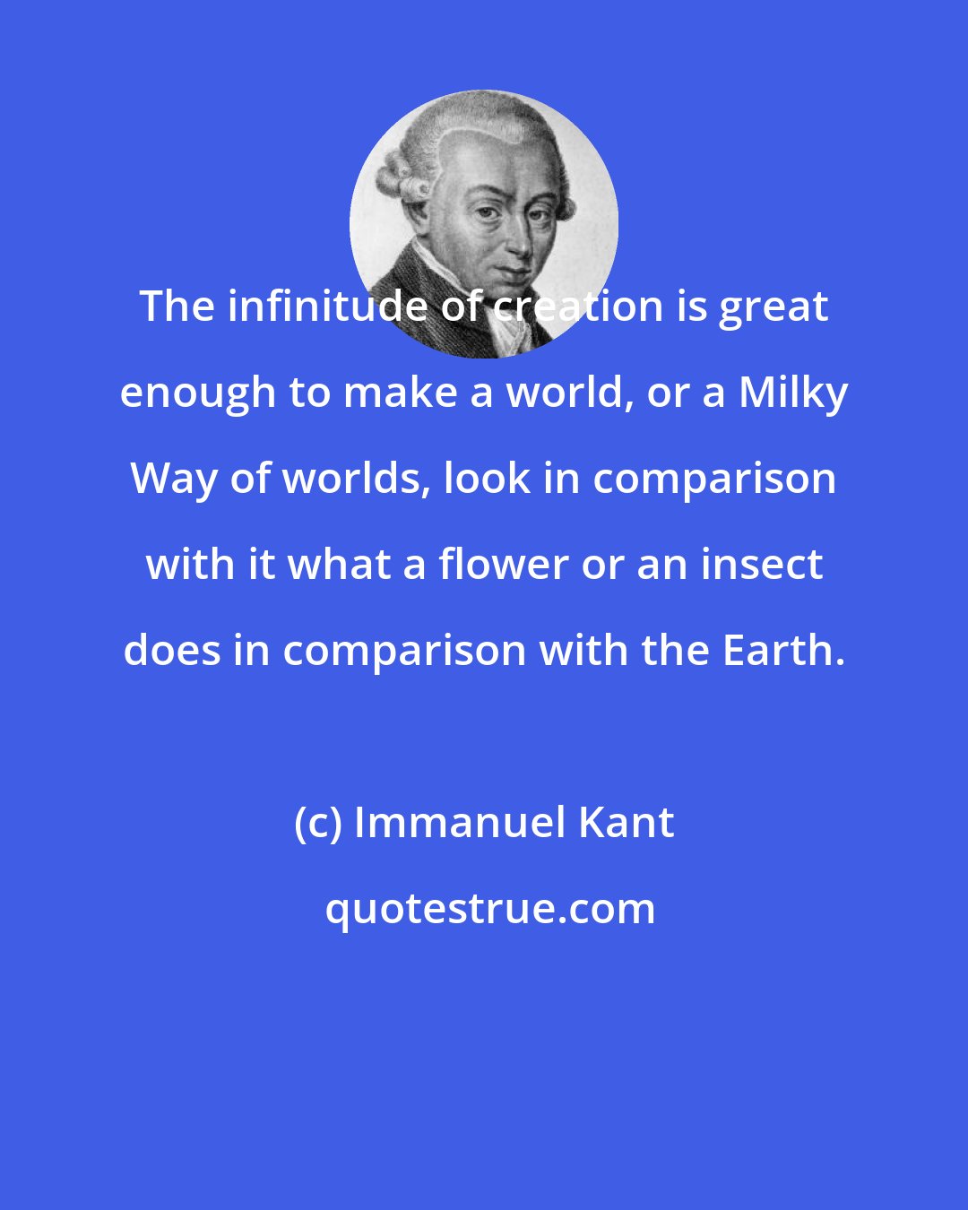 Immanuel Kant: The infinitude of creation is great enough to make a world, or a Milky Way of worlds, look in comparison with it what a flower or an insect does in comparison with the Earth.