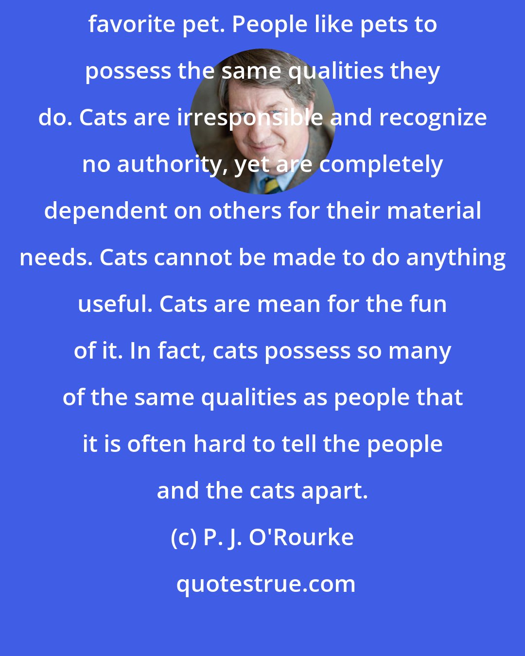 P. J. O'Rourke: It is easy to understand why the cat has eclipsed the dog as modern America's favorite pet. People like pets to possess the same qualities they do. Cats are irresponsible and recognize no authority, yet are completely dependent on others for their material needs. Cats cannot be made to do anything useful. Cats are mean for the fun of it. In fact, cats possess so many of the same qualities as people that it is often hard to tell the people and the cats apart.