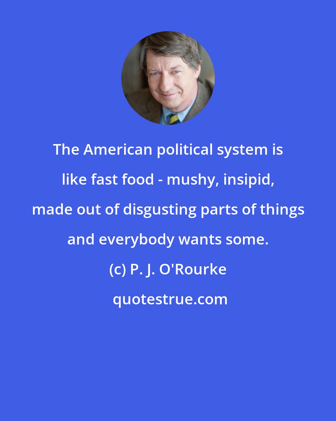 P. J. O'Rourke: The American political system is like fast food - mushy, insipid, made out of disgusting parts of things and everybody wants some.