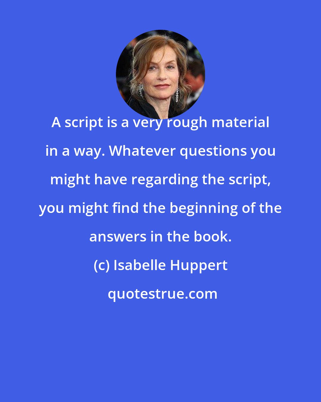 Isabelle Huppert: A script is a very rough material in a way. Whatever questions you might have regarding the script, you might find the beginning of the answers in the book.