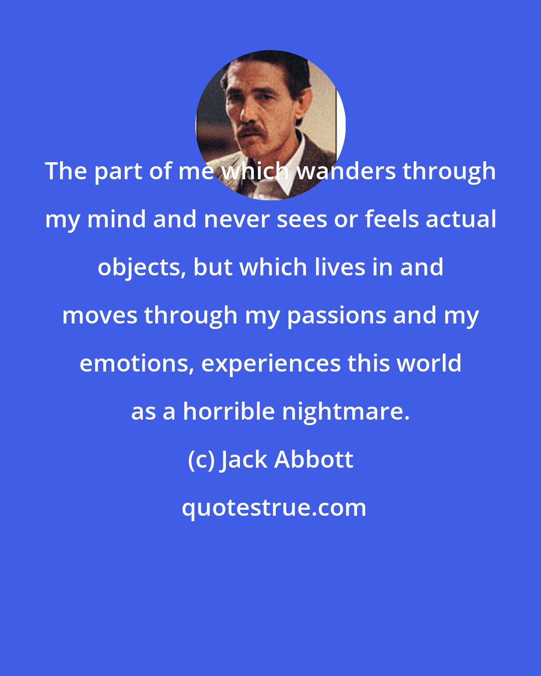 Jack Abbott: The part of me which wanders through my mind and never sees or feels actual objects, but which lives in and moves through my passions and my emotions, experiences this world as a horrible nightmare.