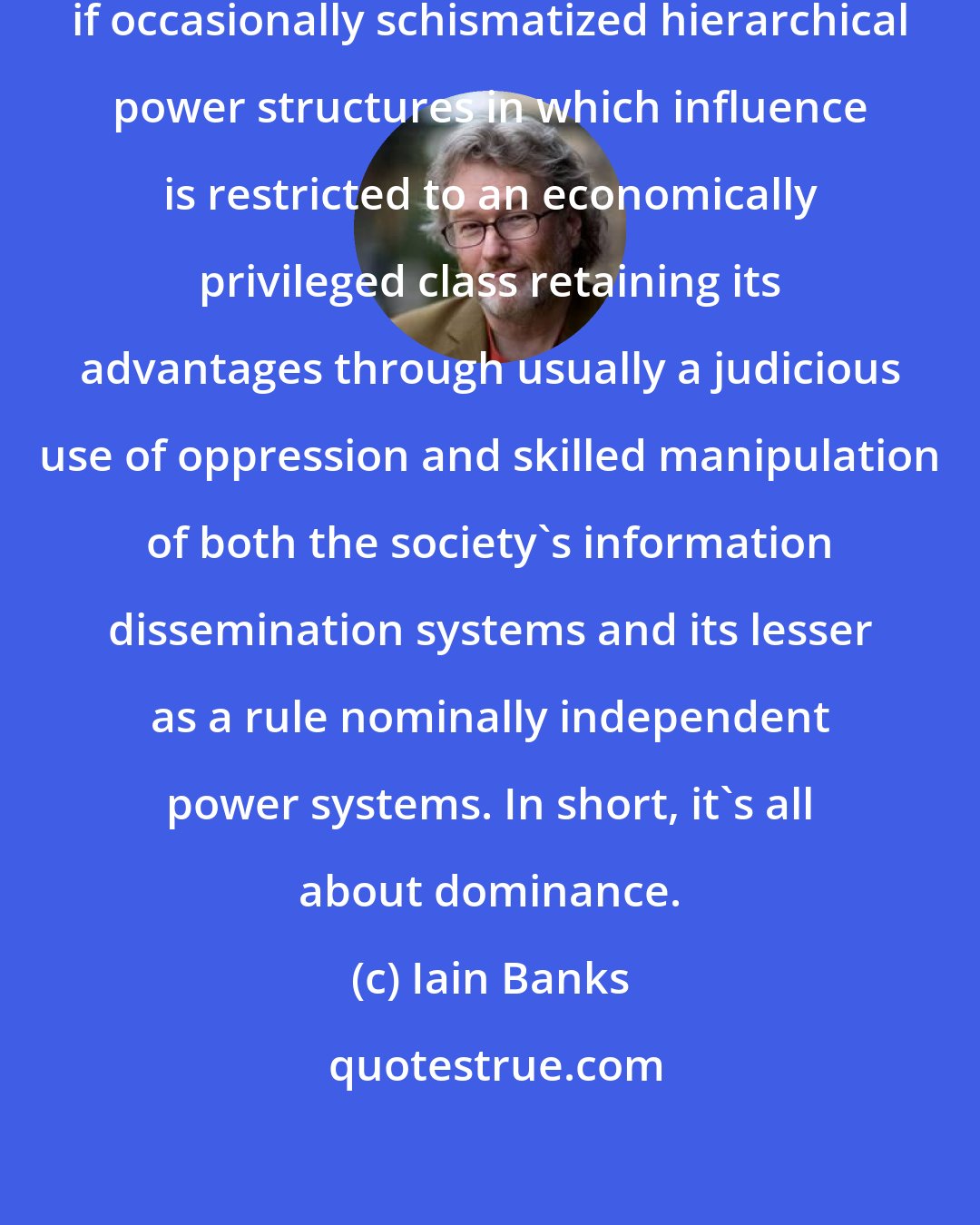 Iain Banks: Empires are synonymous with centralized if occasionally schismatized hierarchical power structures in which influence is restricted to an economically privileged class retaining its advantages through usually a judicious use of oppression and skilled manipulation of both the society's information dissemination systems and its lesser as a rule nominally independent power systems. In short, it's all about dominance.