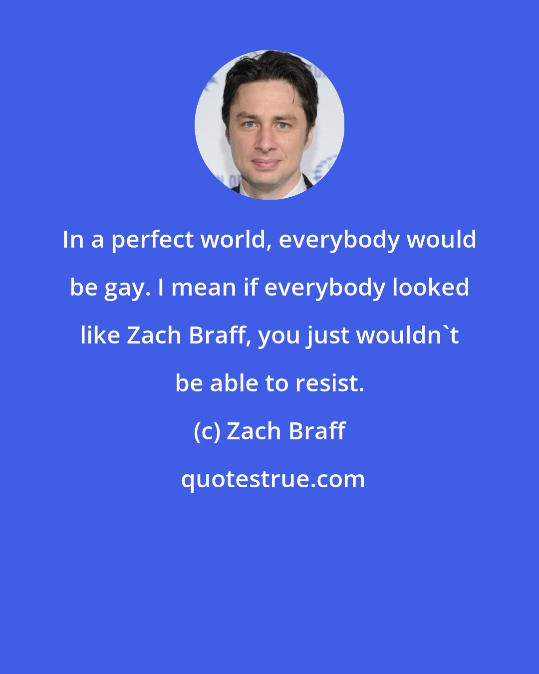 Zach Braff: In a perfect world, everybody would be gay. I mean if everybody looked like Zach Braff, you just wouldn't be able to resist.