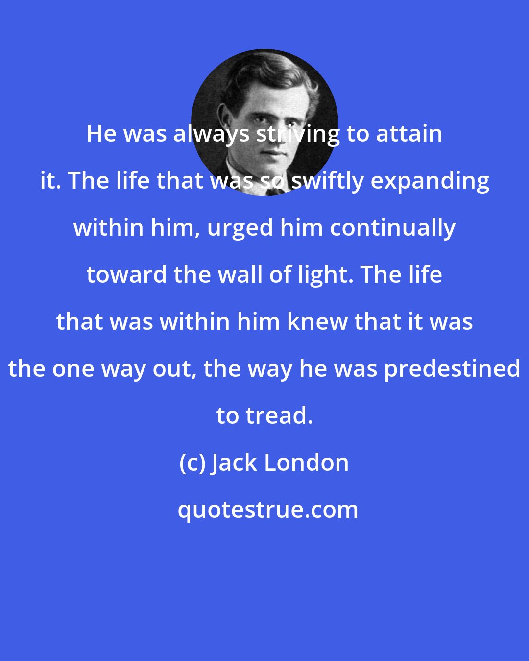 Jack London: He was always striving to attain it. The life that was so swiftly expanding within him, urged him continually toward the wall of light. The life that was within him knew that it was the one way out, the way he was predestined to tread.