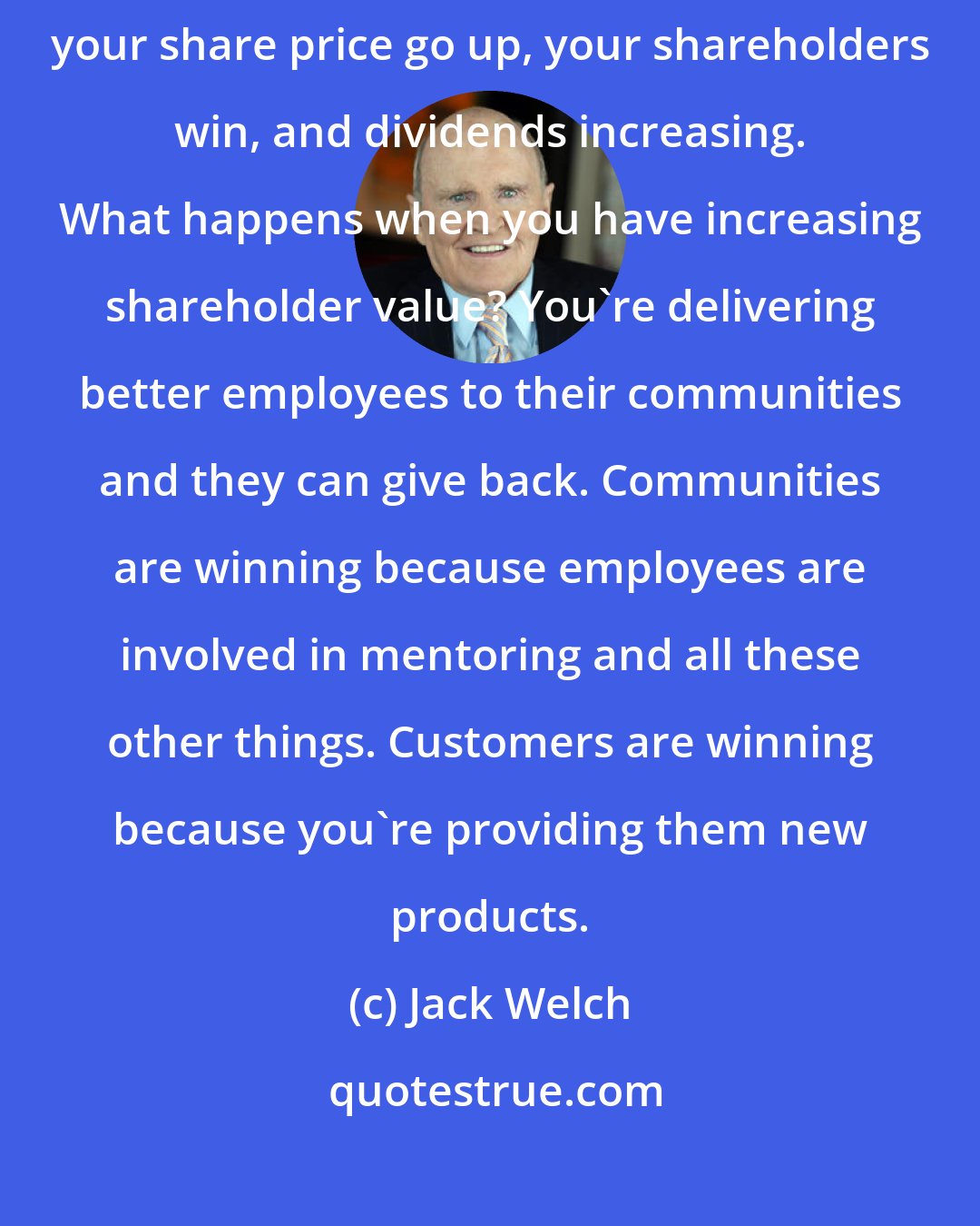 Jack Welch: Shareholder value is the result of you doing a great job, watching your share price go up, your shareholders win, and dividends increasing. What happens when you have increasing shareholder value? You're delivering better employees to their communities and they can give back. Communities are winning because employees are involved in mentoring and all these other things. Customers are winning because you're providing them new products.