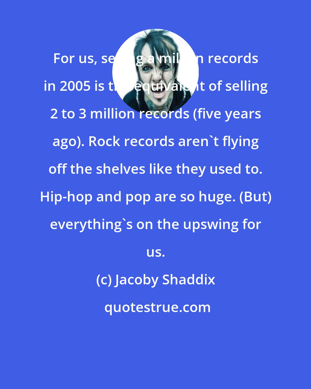 Jacoby Shaddix: For us, selling a million records in 2005 is the equivalent of selling 2 to 3 million records (five years ago). Rock records aren't flying off the shelves like they used to. Hip-hop and pop are so huge. (But) everything's on the upswing for us.