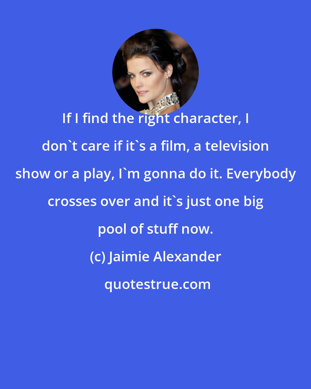 Jaimie Alexander: If I find the right character, I don't care if it's a film, a television show or a play, I'm gonna do it. Everybody crosses over and it's just one big pool of stuff now.
