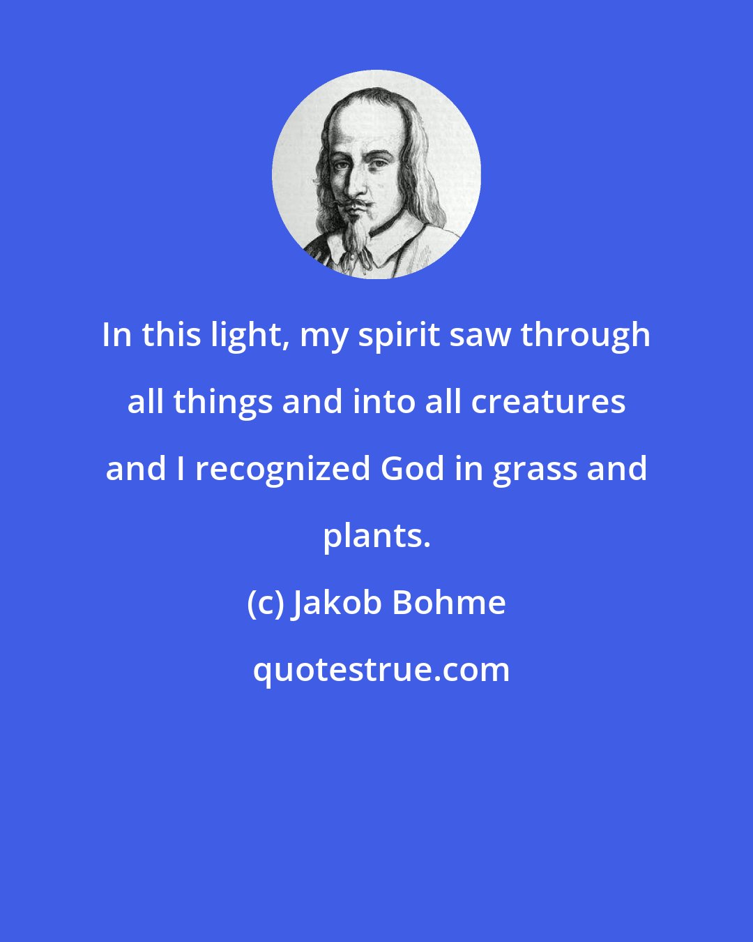 Jakob Bohme: In this light, my spirit saw through all things and into all creatures and I recognized God in grass and plants.