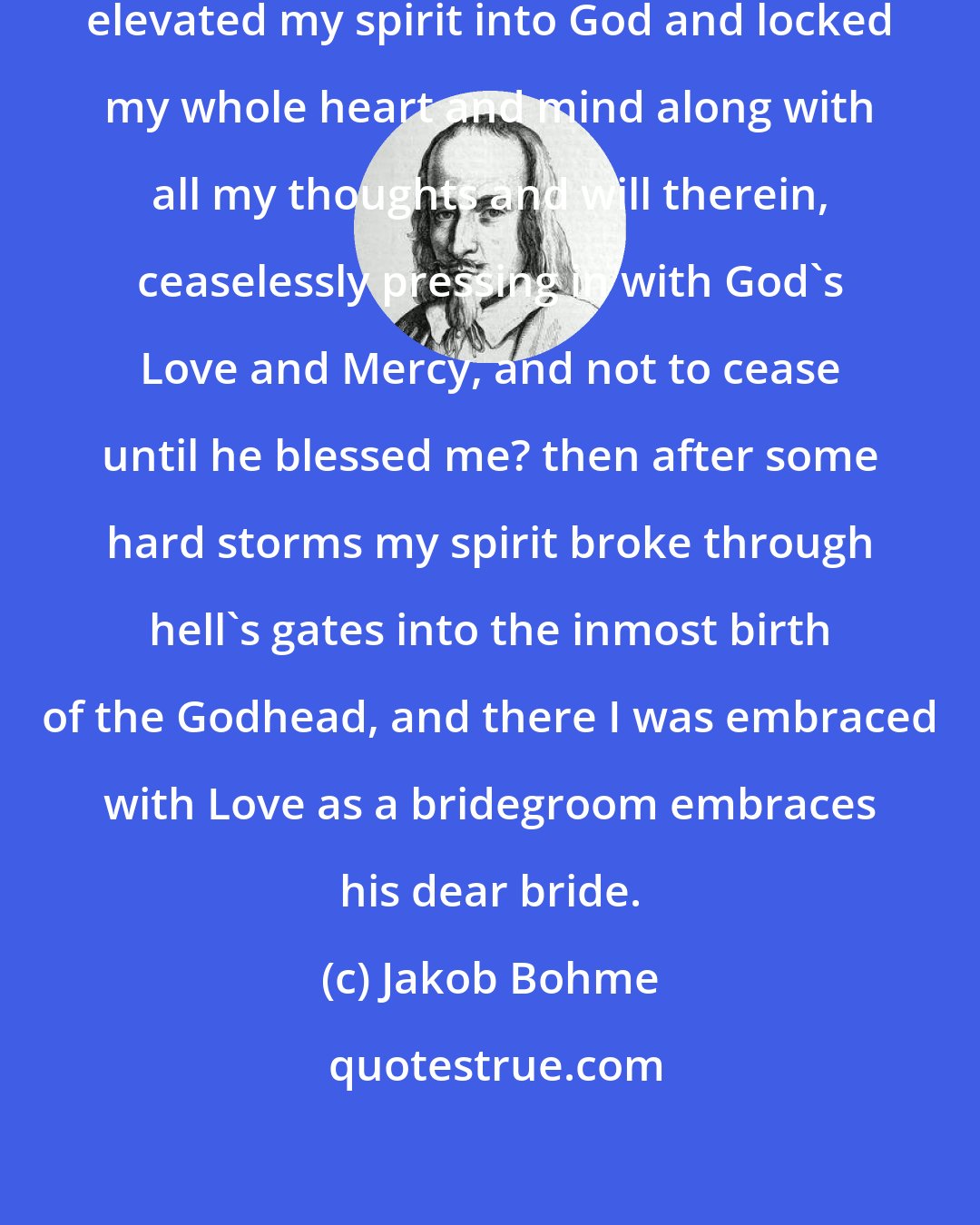 Jakob Bohme: When in such sadness I earnestly elevated my spirit into God and locked my whole heart and mind along with all my thoughts and will therein, ceaselessly pressing in with God's Love and Mercy, and not to cease until he blessed me? then after some hard storms my spirit broke through hell's gates into the inmost birth of the Godhead, and there I was embraced with Love as a bridegroom embraces his dear bride.