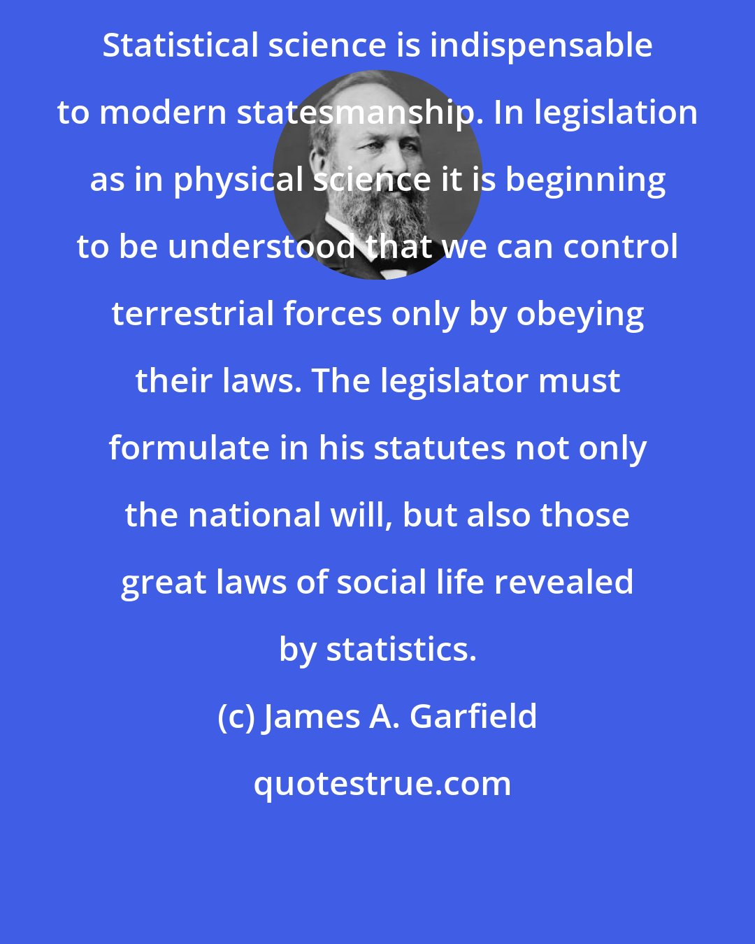 James A. Garfield: Statistical science is indispensable to modern statesmanship. In legislation as in physical science it is beginning to be understood that we can control terrestrial forces only by obeying their laws. The legislator must formulate in his statutes not only the national will, but also those great laws of social life revealed by statistics.