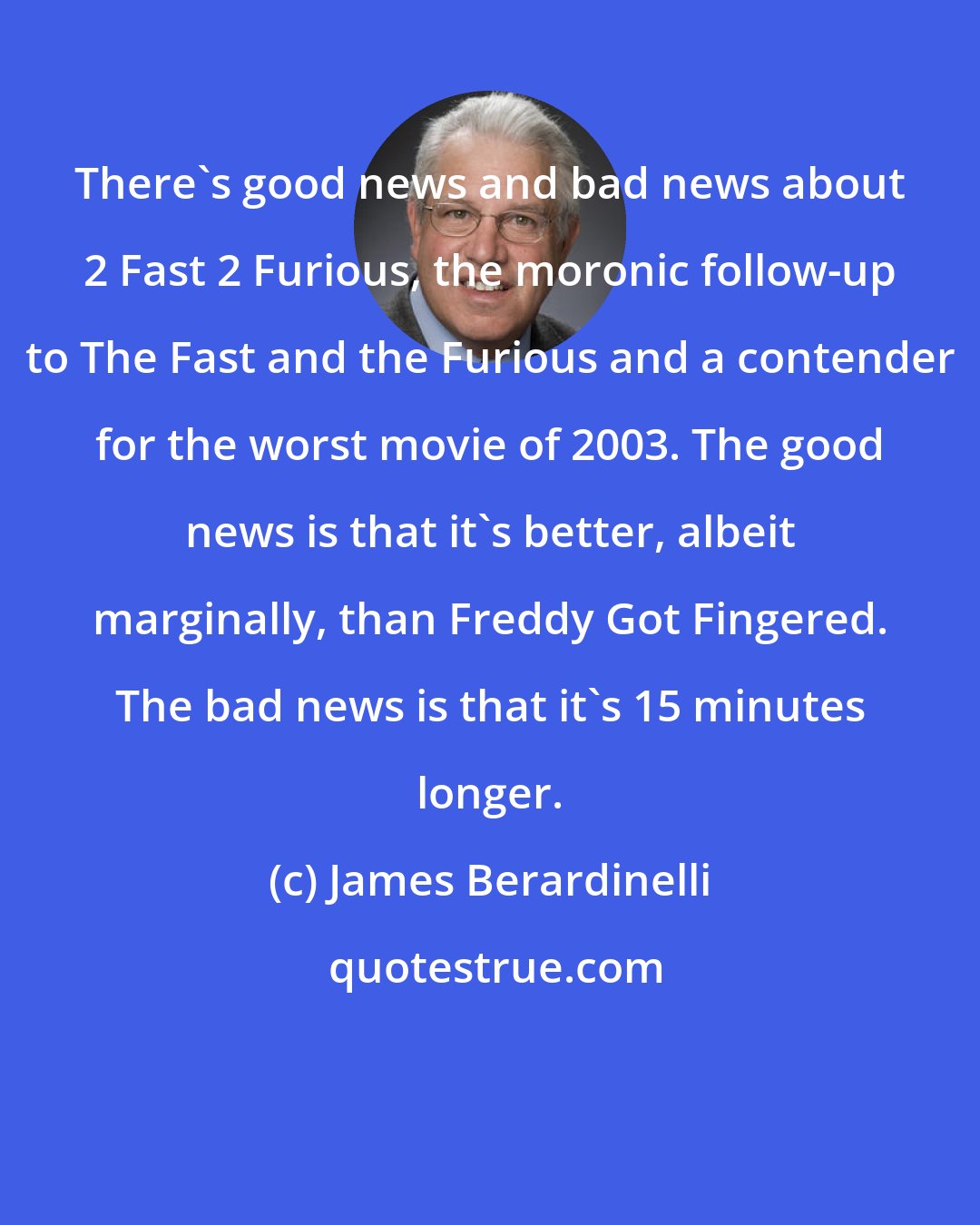 James Berardinelli: There's good news and bad news about 2 Fast 2 Furious, the moronic follow-up to The Fast and the Furious and a contender for the worst movie of 2003. The good news is that it's better, albeit marginally, than Freddy Got Fingered. The bad news is that it's 15 minutes longer.