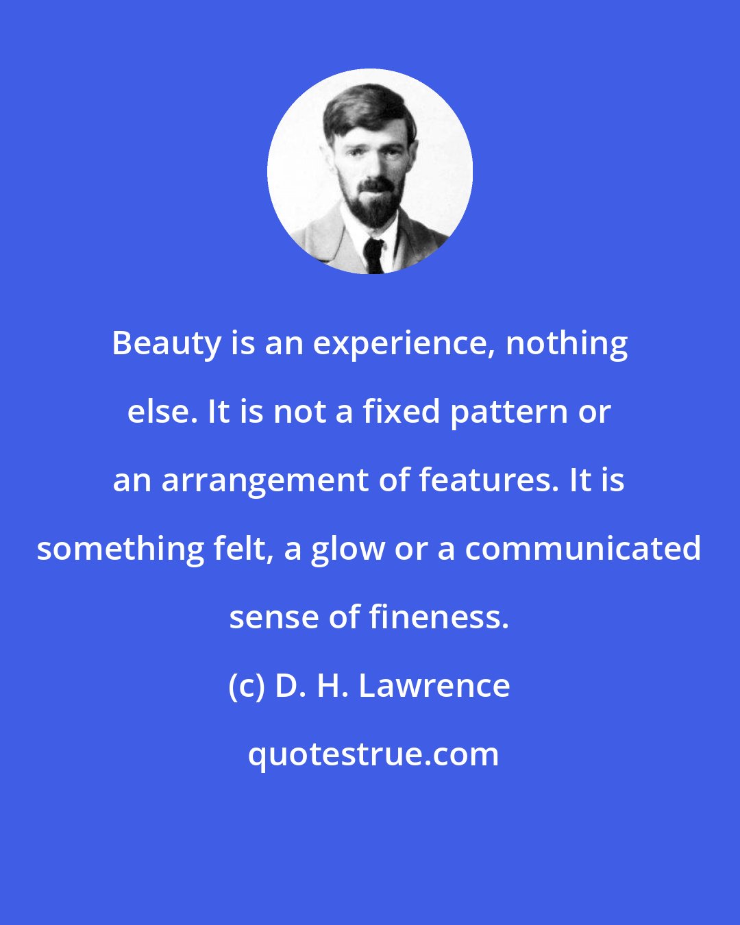 D. H. Lawrence: Beauty is an experience, nothing else. It is not a fixed pattern or an arrangement of features. It is something felt, a glow or a communicated sense of fineness.