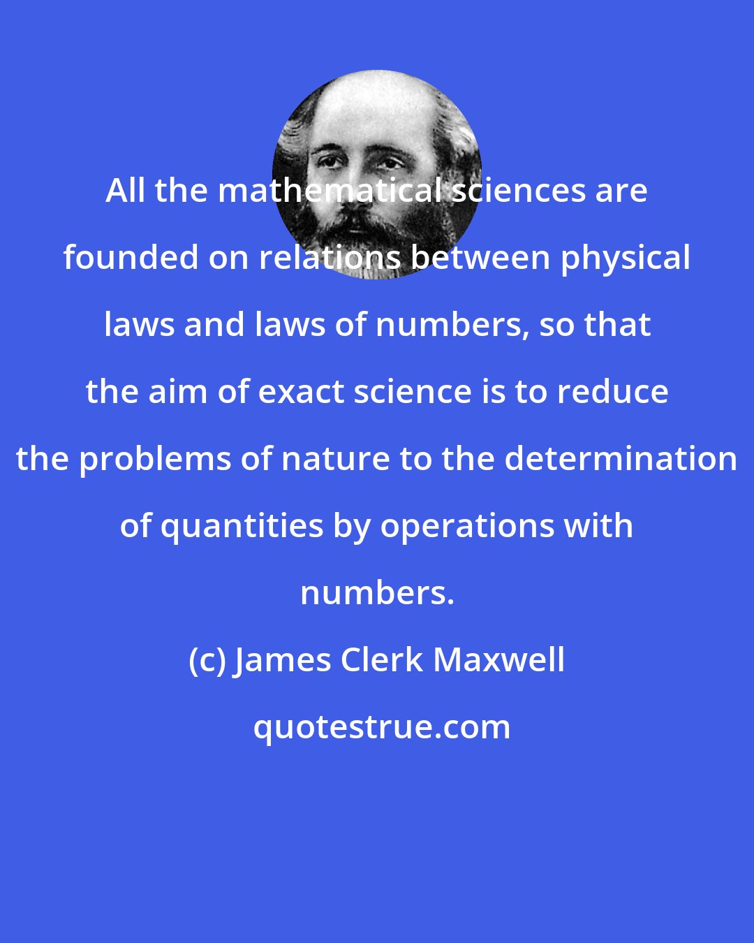 James Clerk Maxwell: All the mathematical sciences are founded on relations between physical laws and laws of numbers, so that the aim of exact science is to reduce the problems of nature to the determination of quantities by operations with numbers.