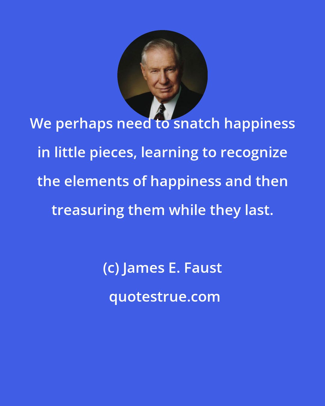 James E. Faust: We perhaps need to snatch happiness in little pieces, learning to recognize the elements of happiness and then treasuring them while they last.