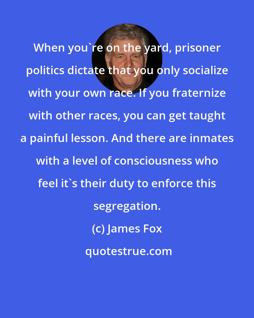 James Fox: When you're on the yard, prisoner politics dictate that you only socialize with your own race. If you fraternize with other races, you can get taught a painful lesson. And there are inmates with a level of consciousness who feel it's their duty to enforce this segregation.