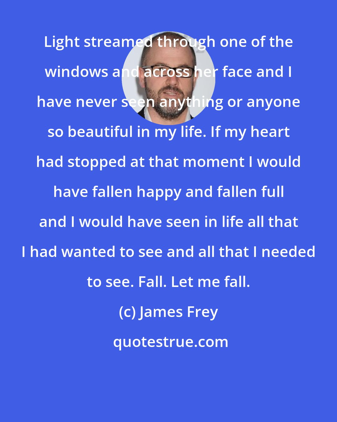 James Frey: Light streamed through one of the windows and across her face and I have never seen anything or anyone so beautiful in my life. If my heart had stopped at that moment I would have fallen happy and fallen full and I would have seen in life all that I had wanted to see and all that I needed to see. Fall. Let me fall.