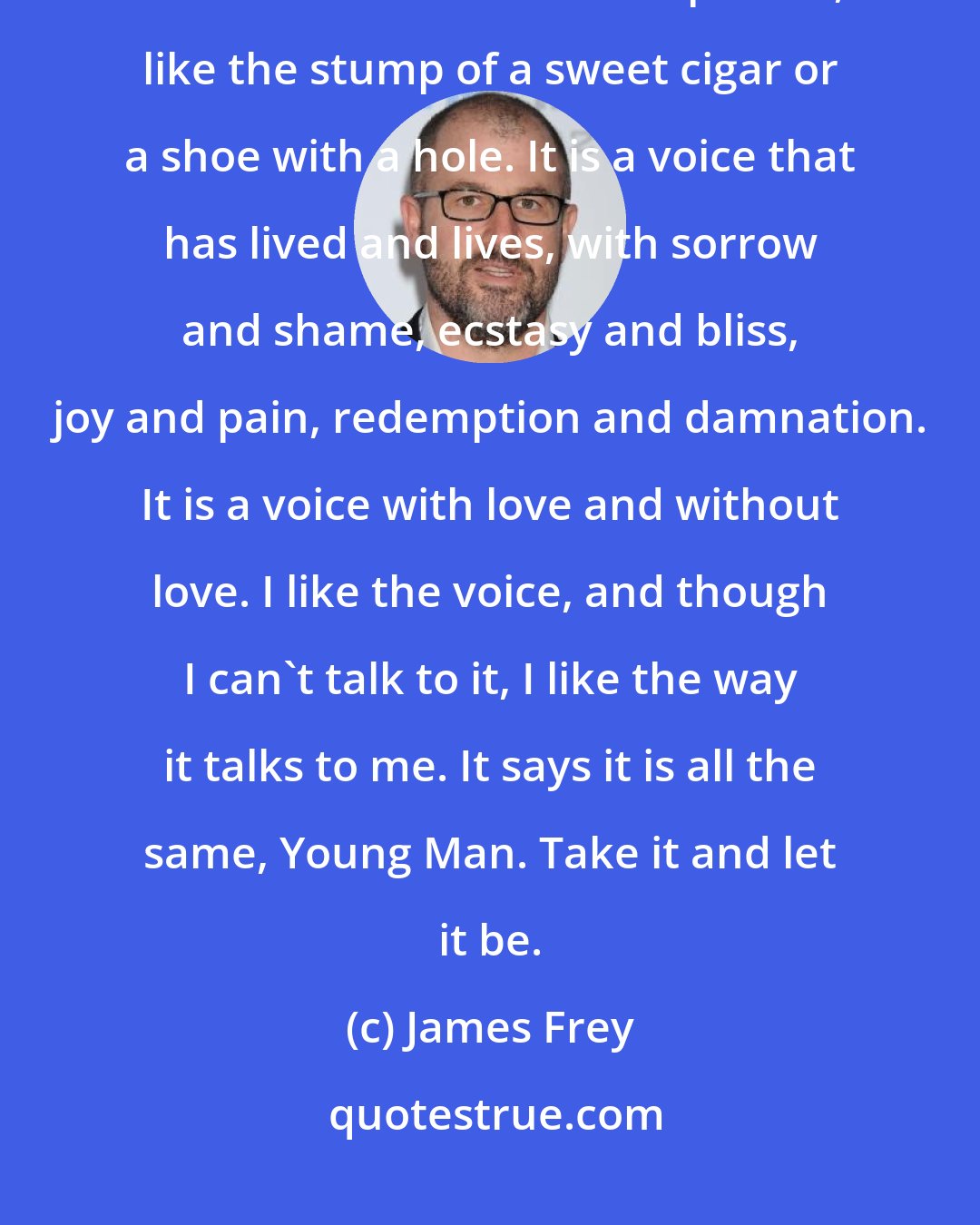 James Frey: There are no words and there is no singing, but the music has a voice. It is an old voice and a deep voice, like the stump of a sweet cigar or a shoe with a hole. It is a voice that has lived and lives, with sorrow and shame, ecstasy and bliss, joy and pain, redemption and damnation. It is a voice with love and without love. I like the voice, and though I can't talk to it, I like the way it talks to me. It says it is all the same, Young Man. Take it and let it be.