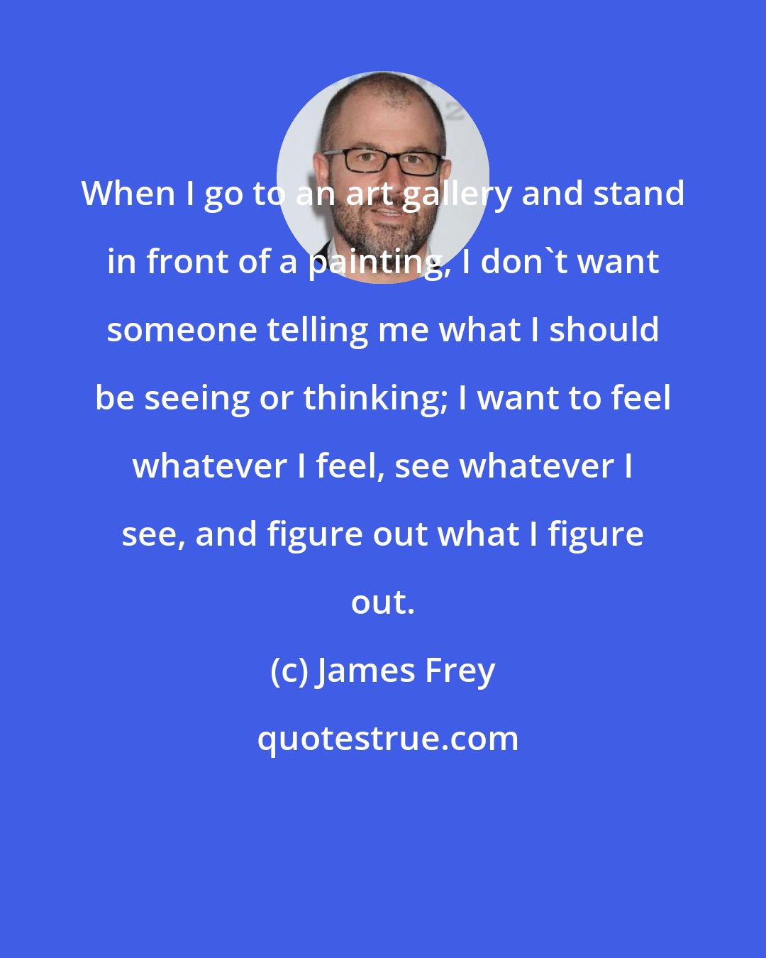 James Frey: When I go to an art gallery and stand in front of a painting, I don't want someone telling me what I should be seeing or thinking; I want to feel whatever I feel, see whatever I see, and figure out what I figure out.