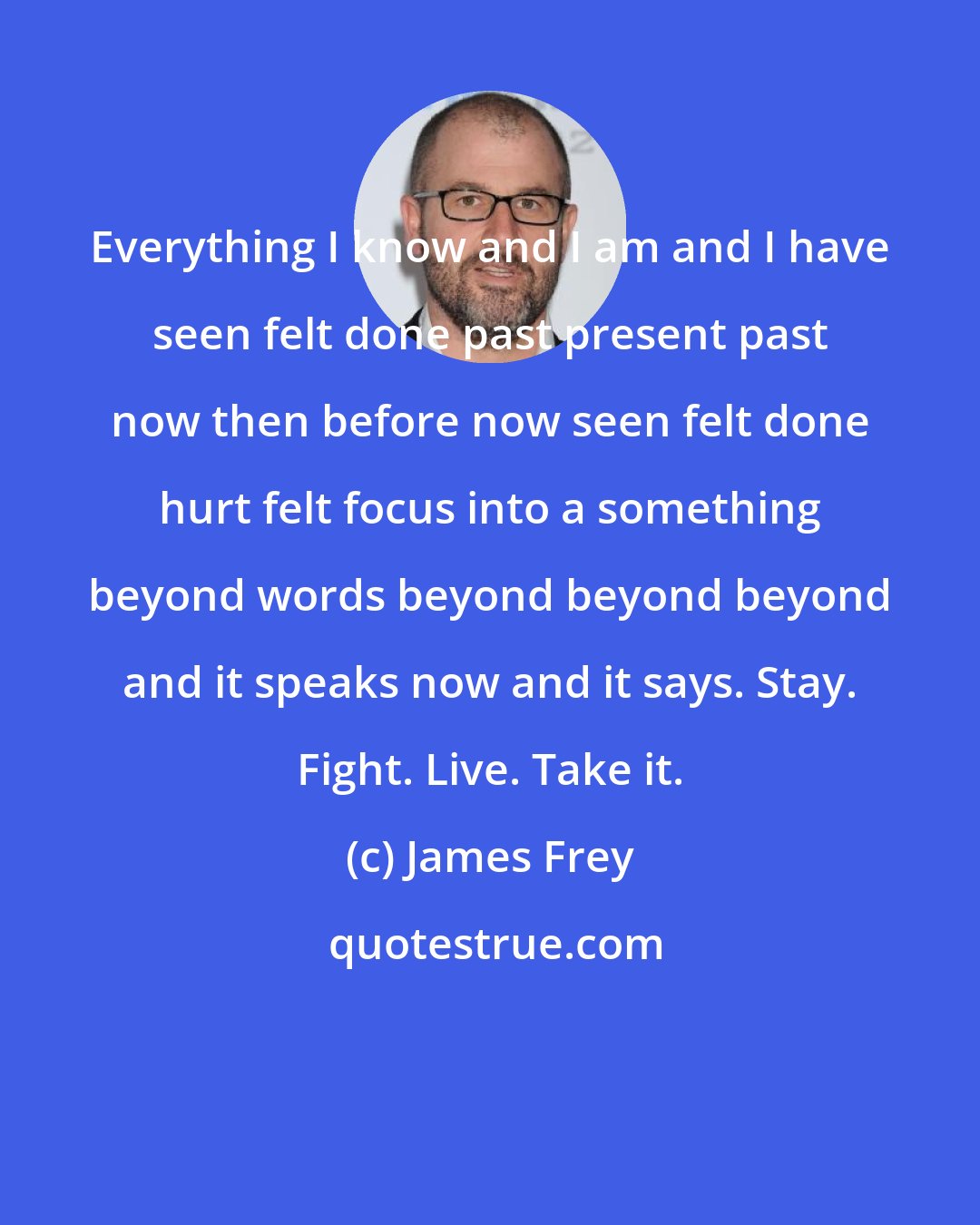 James Frey: Everything I know and I am and I have seen felt done past present past now then before now seen felt done hurt felt focus into a something beyond words beyond beyond beyond and it speaks now and it says. Stay. Fight. Live. Take it.