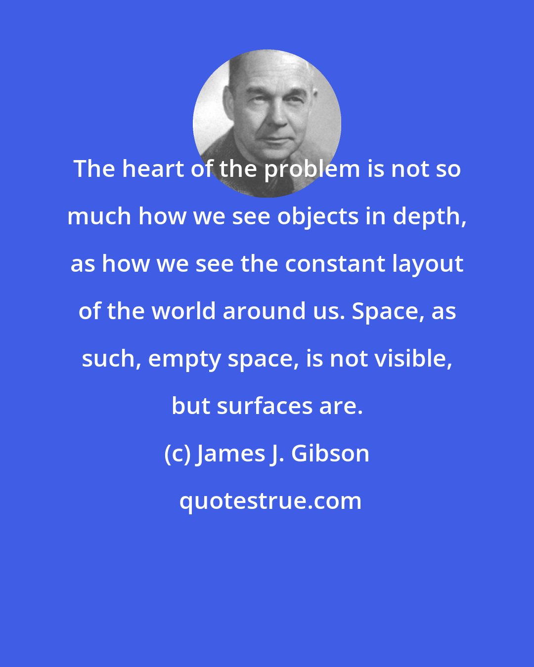 James J. Gibson: The heart of the problem is not so much how we see objects in depth, as how we see the constant layout of the world around us. Space, as such, empty space, is not visible, but surfaces are.