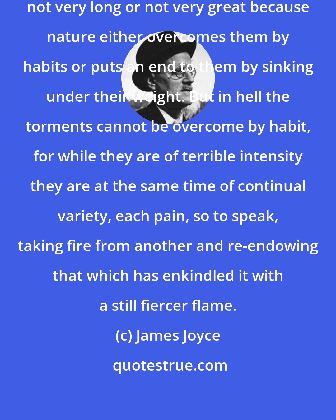 James Joyce: In this life our sorrows are either not very long or not very great because nature either overcomes them by habits or puts an end to them by sinking under their weight. But in hell the torments cannot be overcome by habit, for while they are of terrible intensity they are at the same time of continual variety, each pain, so to speak, taking fire from another and re-endowing that which has enkindled it with a still fiercer flame.