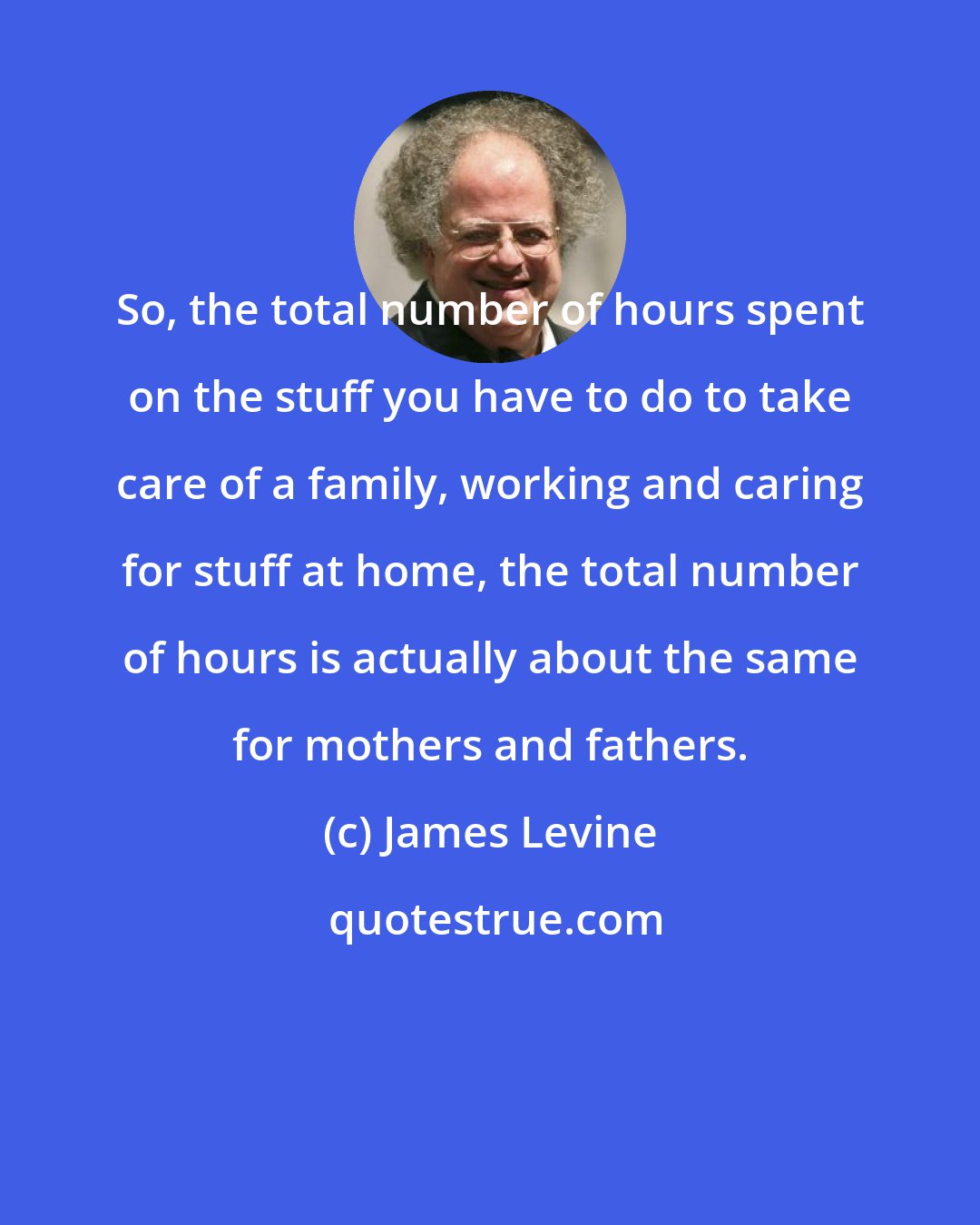 James Levine: So, the total number of hours spent on the stuff you have to do to take care of a family, working and caring for stuff at home, the total number of hours is actually about the same for mothers and fathers.